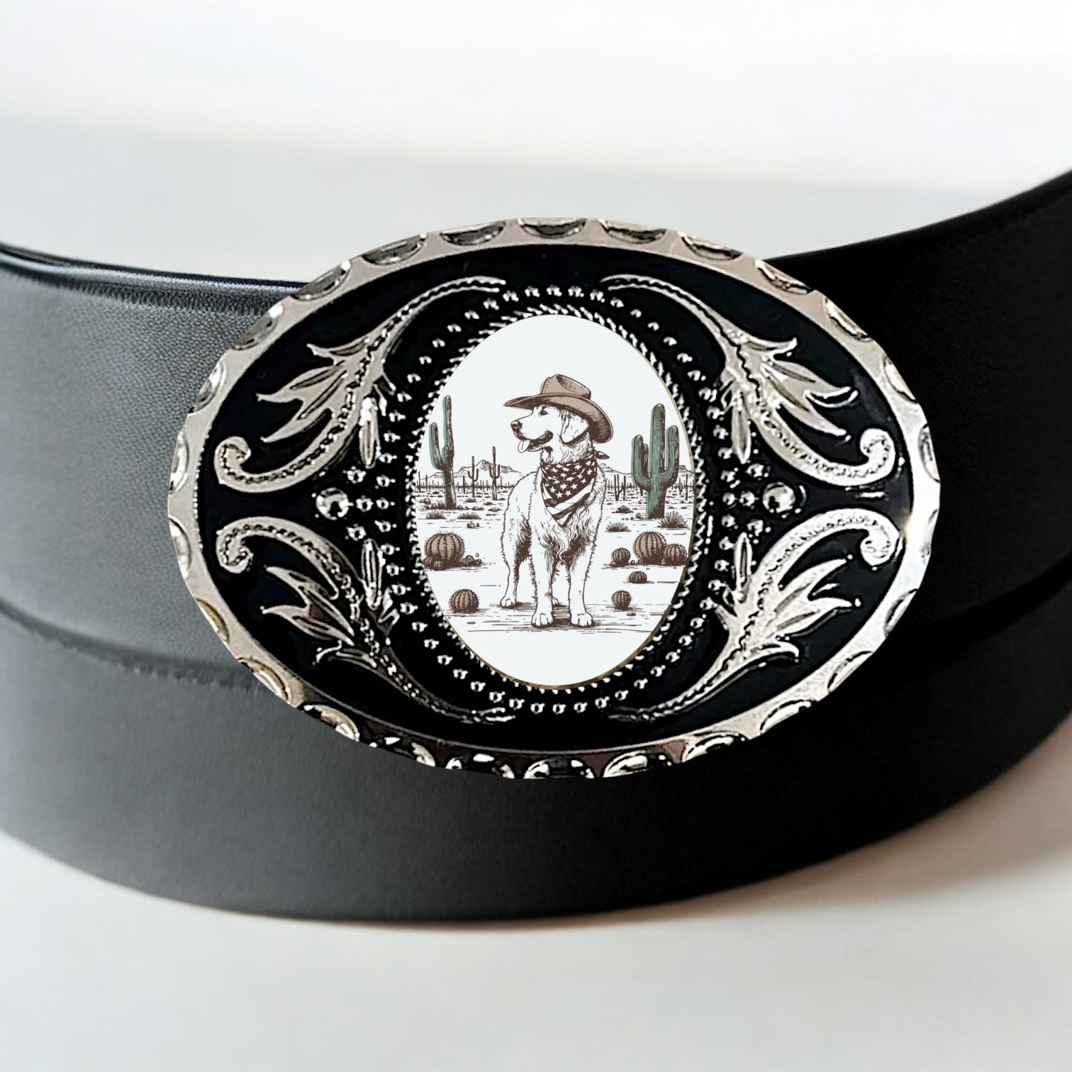Belt Buckle with Dog, Golden Retriever Western Accessory shown on black belt