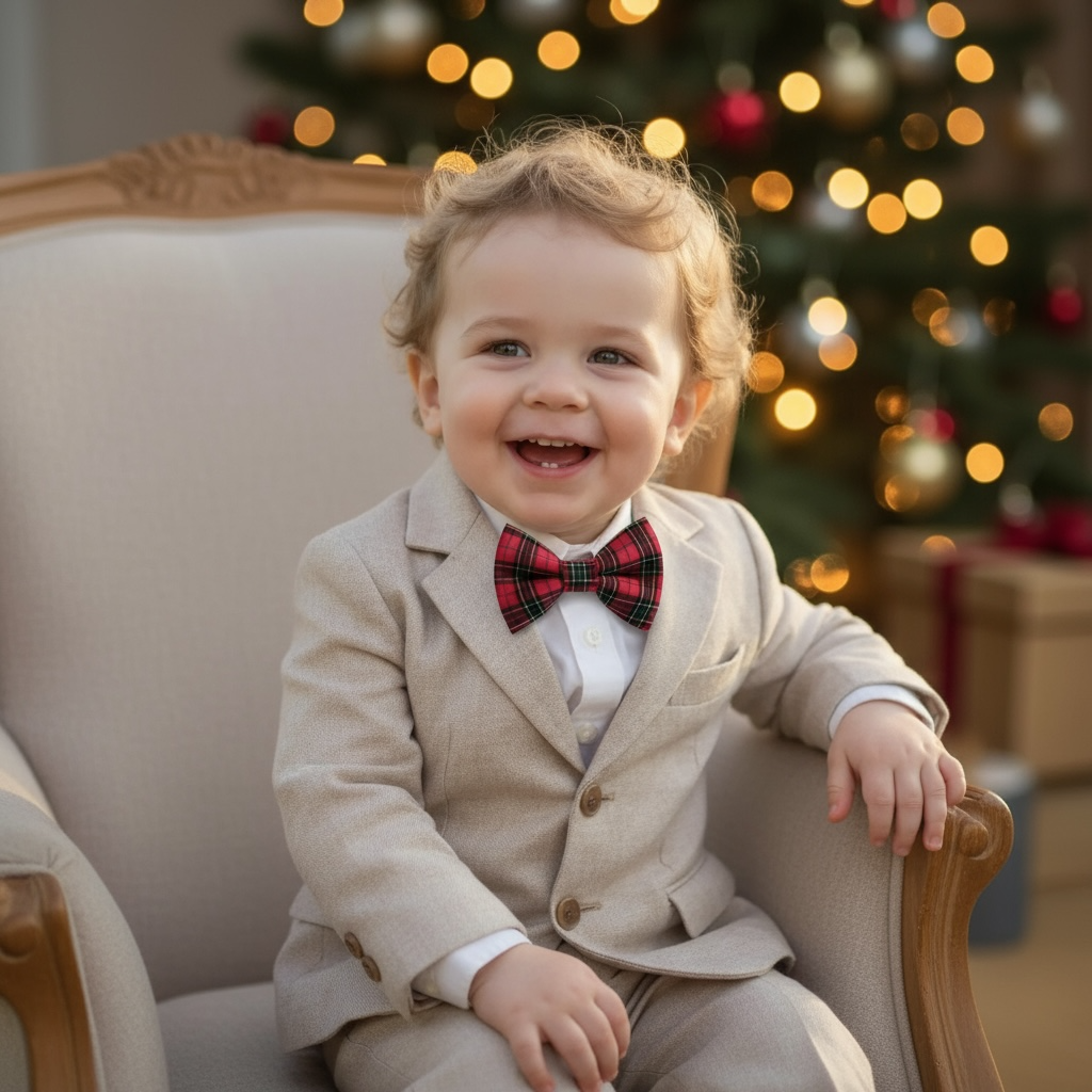 Child in a suit and plaid bow tie sitting in a chair with a blurred Christmas tree in the background