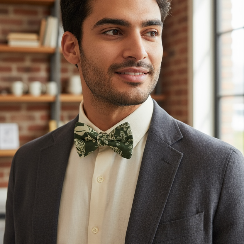 Olive floral bow tie for groomsmen being worn by a groomsman in a wedding.