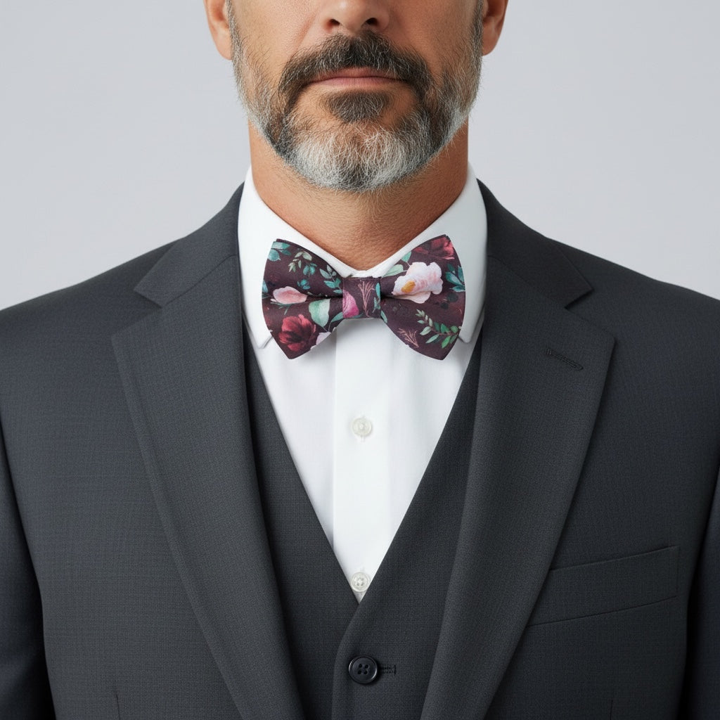 Man wearing a Cabernet floral bowtie and black suit with a white shirt on a light gray background