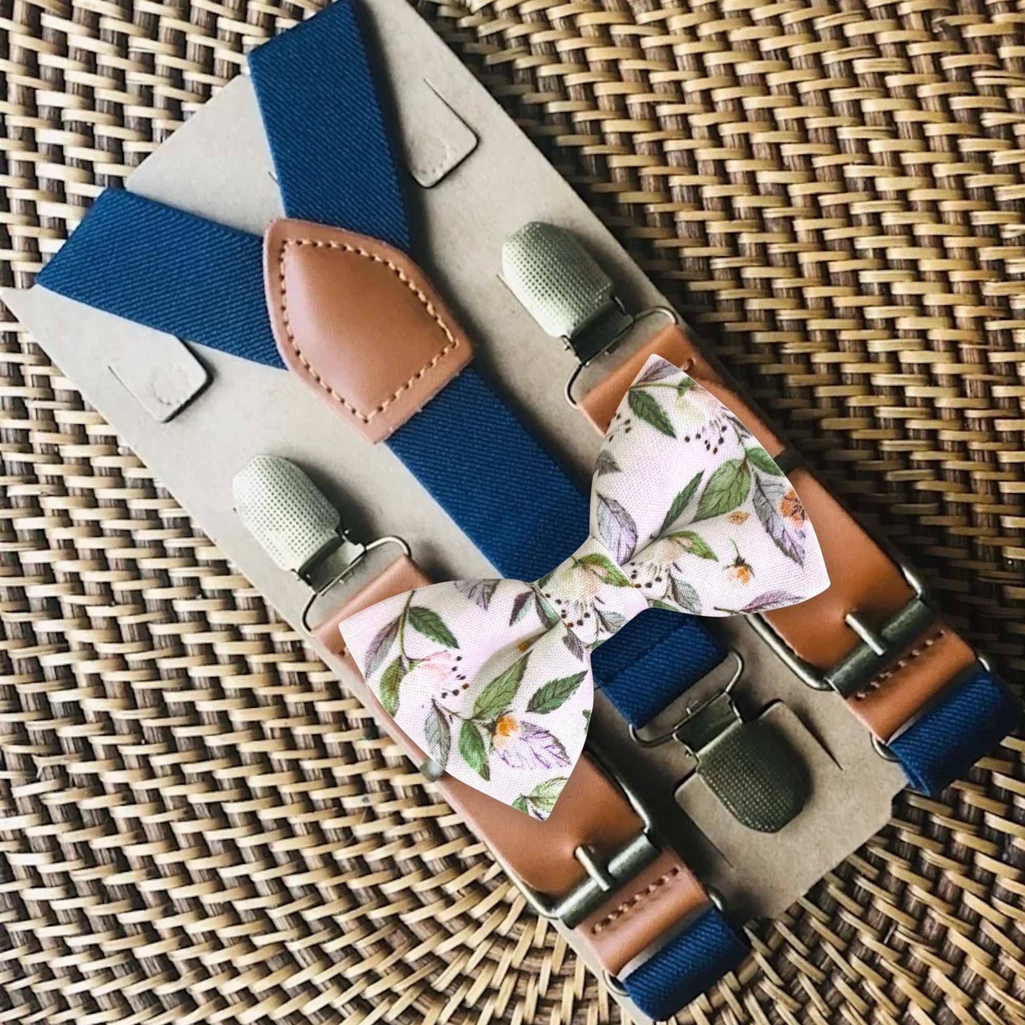 Light pink bow tie and suspenders- navy blue suspenders- for groomsmen and weddings.