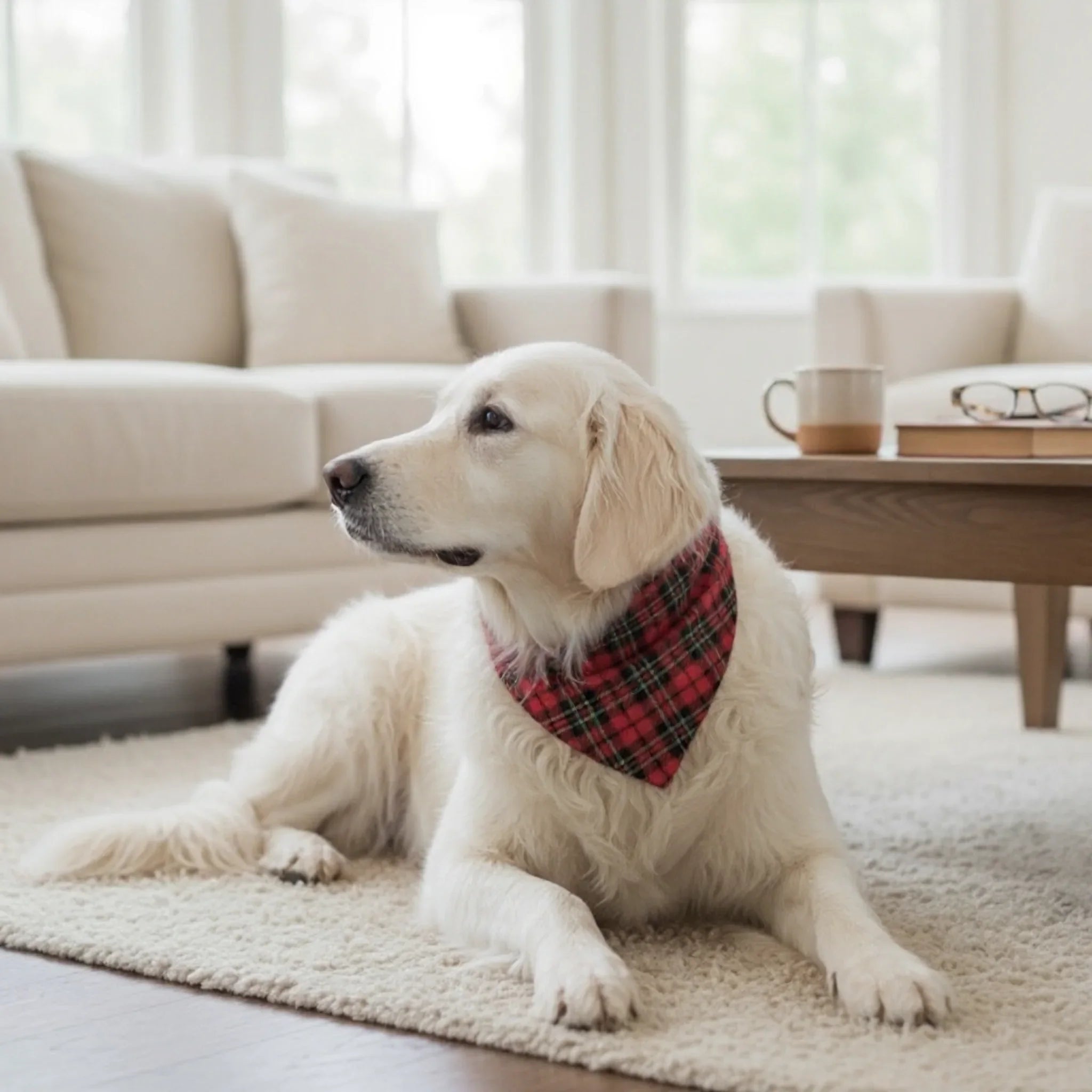 Plaid dog bandana in red and green worn by a white english cream retriever.
