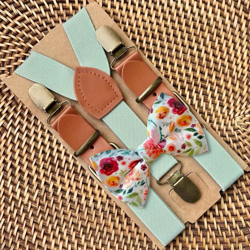 Size chart for suspender and bow tie sets from The Bold Bow Tie. X-Small (6mo-4yr): 15"-23" suspenders, 3.5" bow. Small (5-9yr): 18"-33" suspenders, 3.5" bow. Medium (10-12yr): 18"-33" suspenders, 4" bow. Adult (13yr-6'5"): 30"-53" suspenders, 4.5" bow. Big & Tall (Over 6'5"): 53"+ suspenders, 4.5" bow. Instructions note to measure from the back waistband over the shoulder to the front waistband for a comfortable fit.