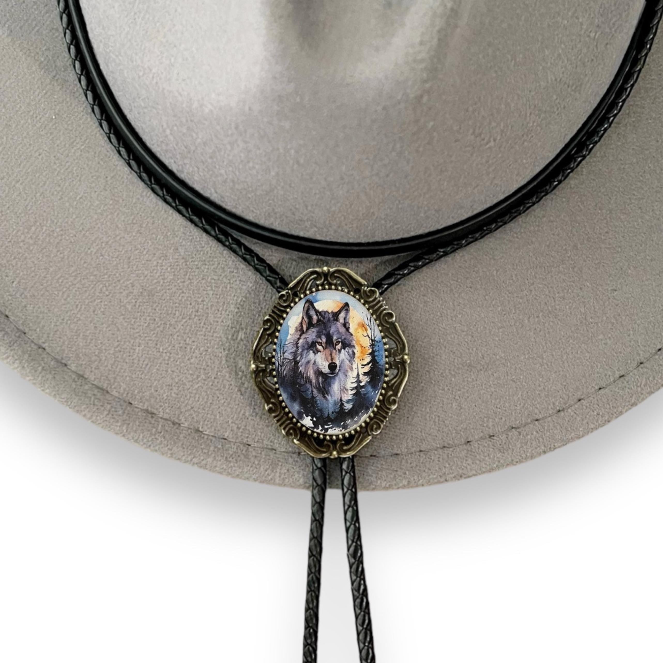Wolf Bolo Tie- Western Bolo Ties for Cowboy Tie against gray hat