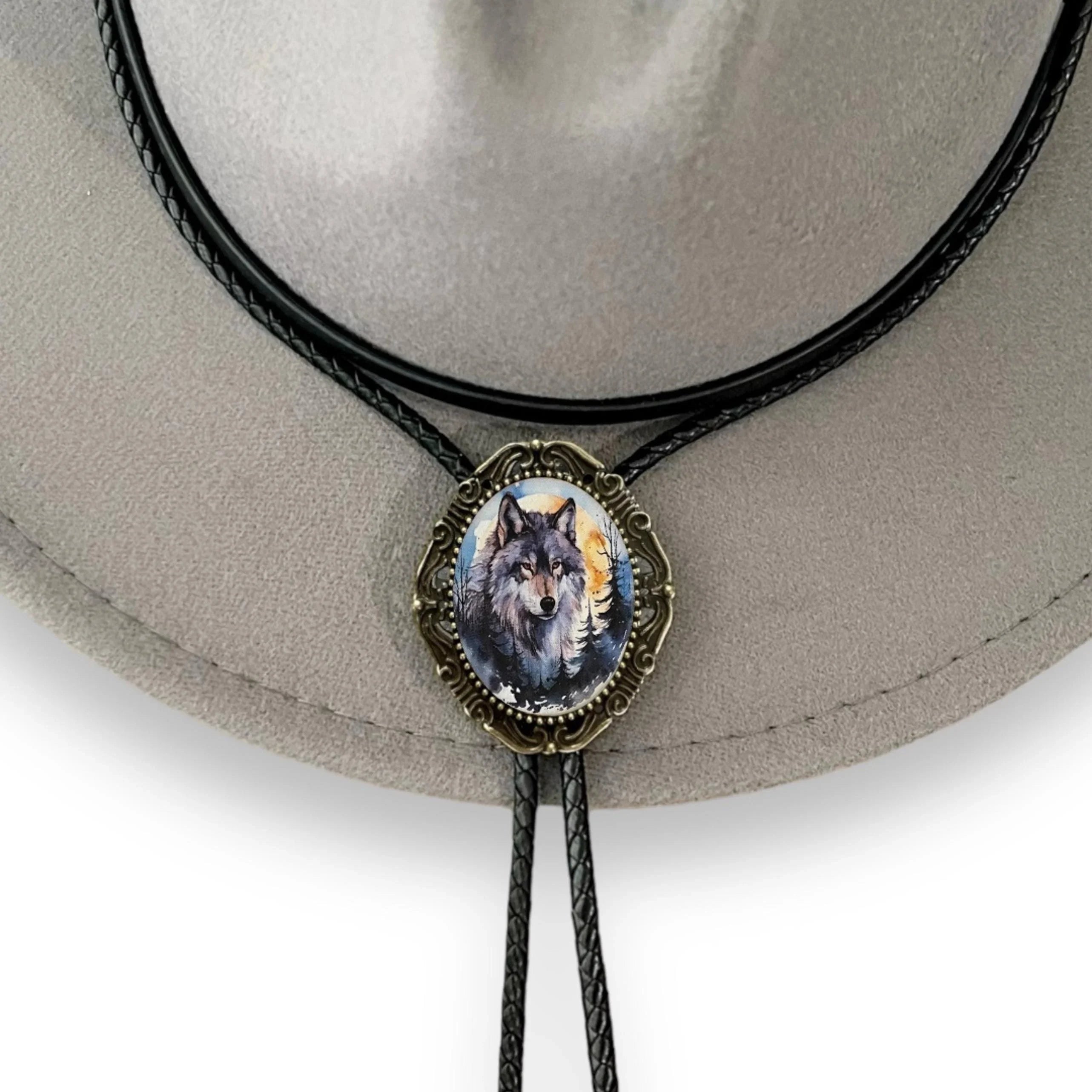 Wolf Bolo Tie- Western Bolo Ties for Cowboy Tie against gray hat