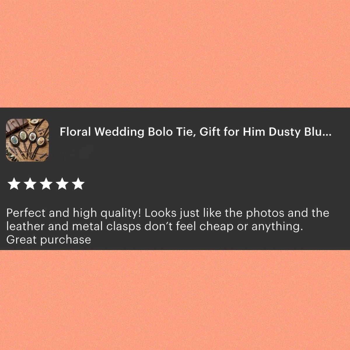 5 Star Review of wedding bolo ties by The Bold Bow Tie mentioning the ties look just like the photo, not cheap, and it was a great purchase.