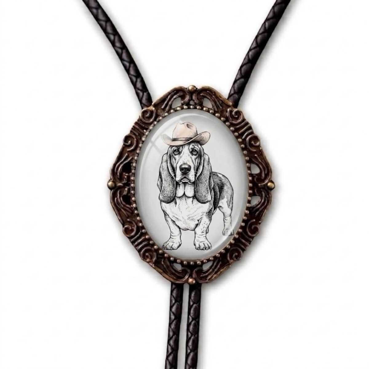 Dog bolo tie for men and women with genuine leather cord., handmade in the USA by The Bold Bow Tie.
