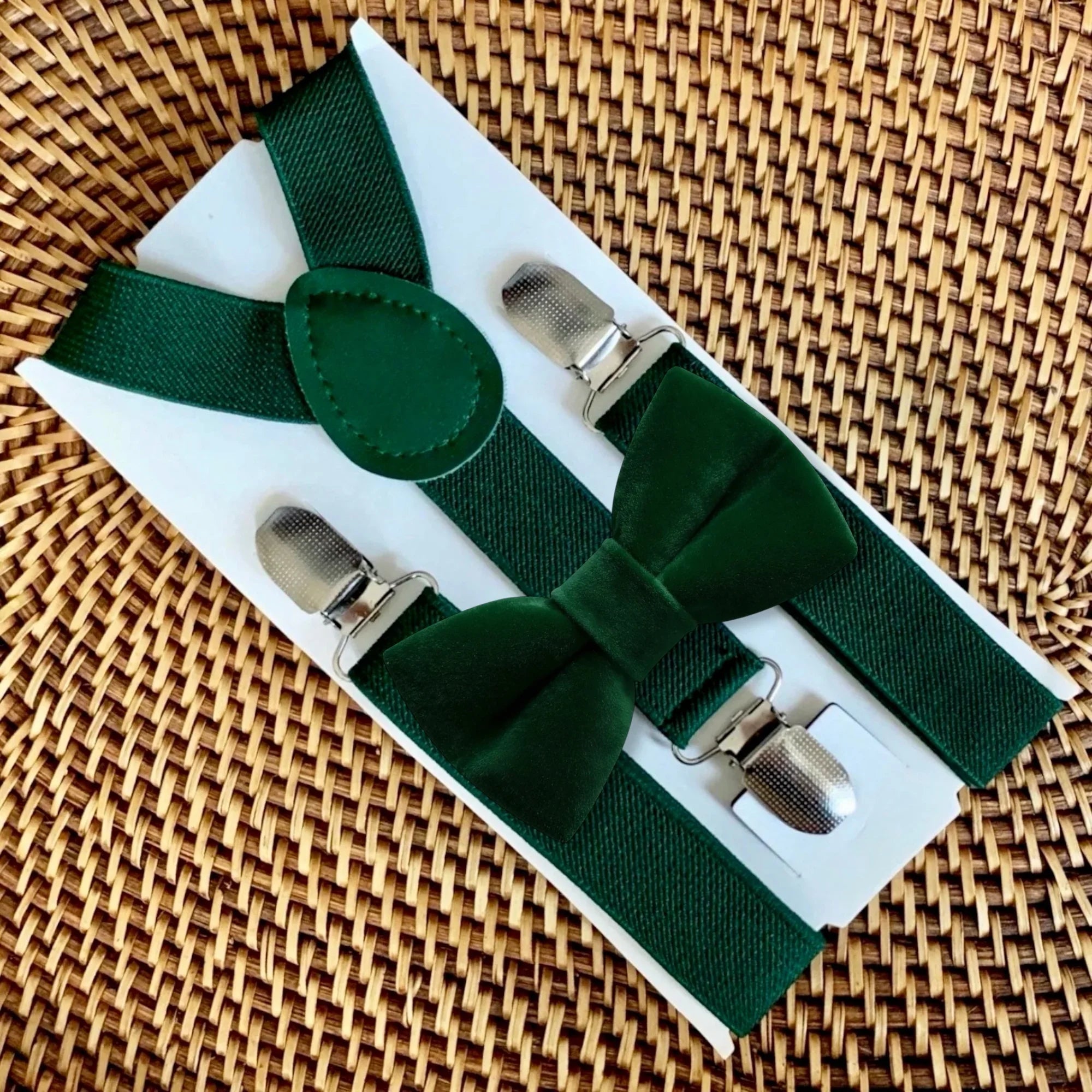 Green velvet bow tie and suspenders for boys and men for Christmas.