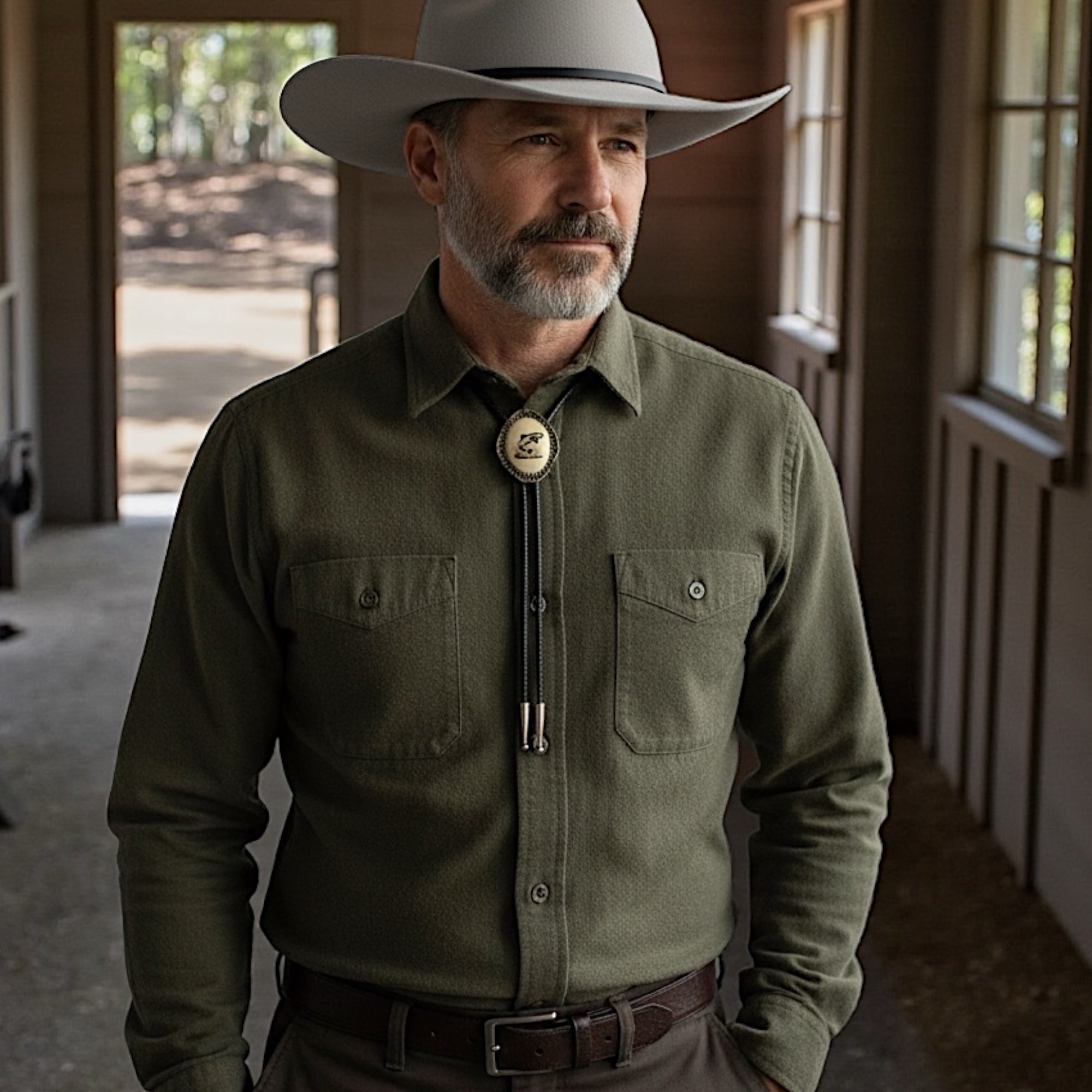 Man wearing a green shirt and fish bolo tie and cowboy hat