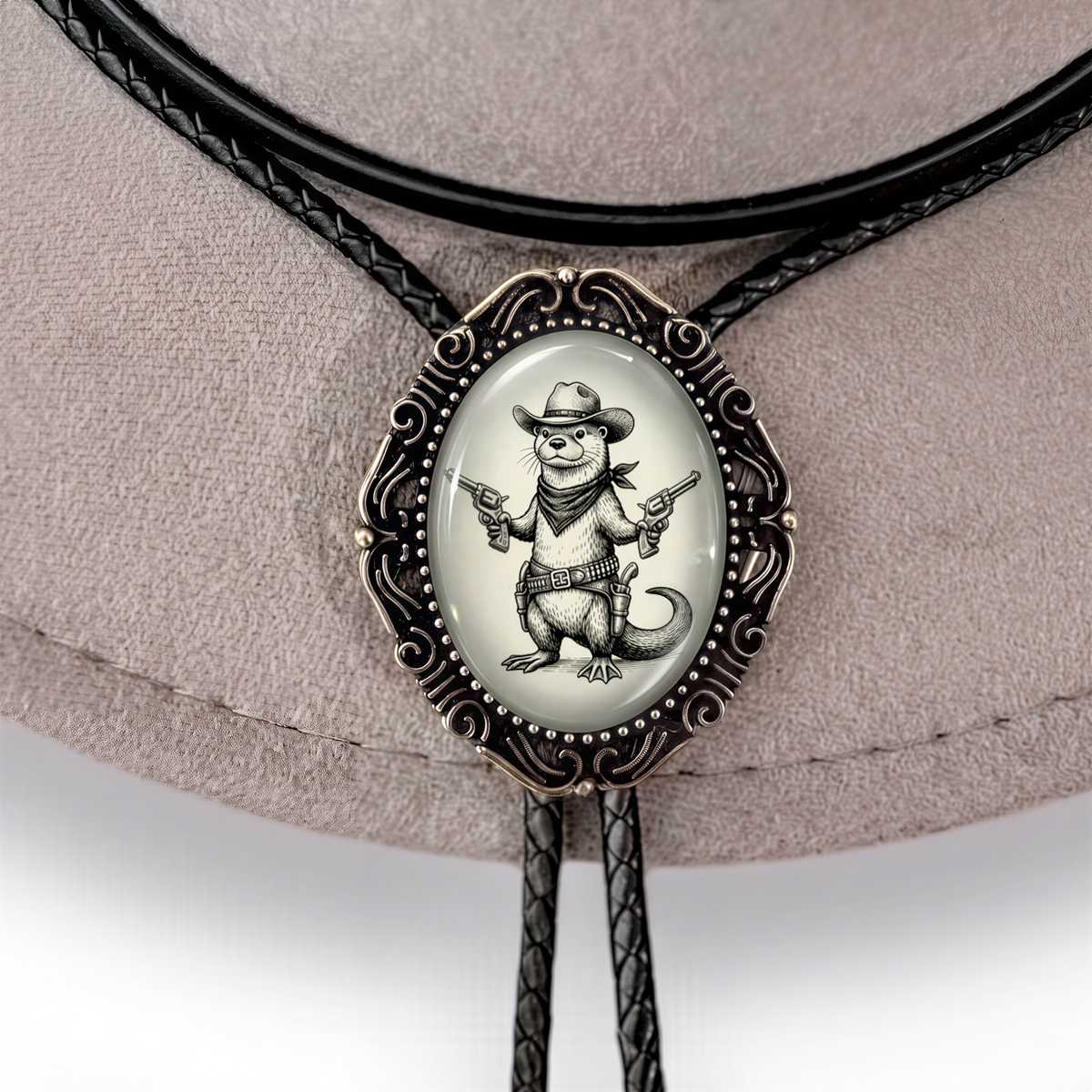 Handmade Otter Bolo Tie | Western Leather Cord Cowboy Tie