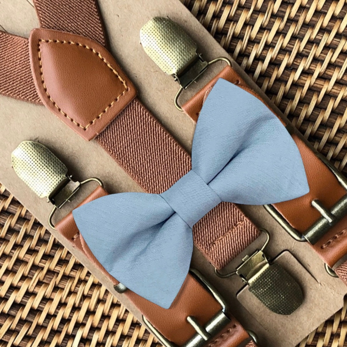 Dusty Blue Bowtie & Cognac Brown Suspenders Set for wedding, groomsmen and ring bearers.