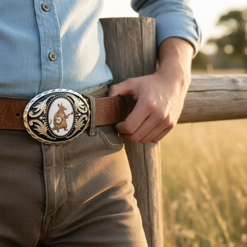 Cowboy wearing a belt with an anteater belt buckle playing a banjo. Image showing true product with the help of Gemini AI to display on a belt.