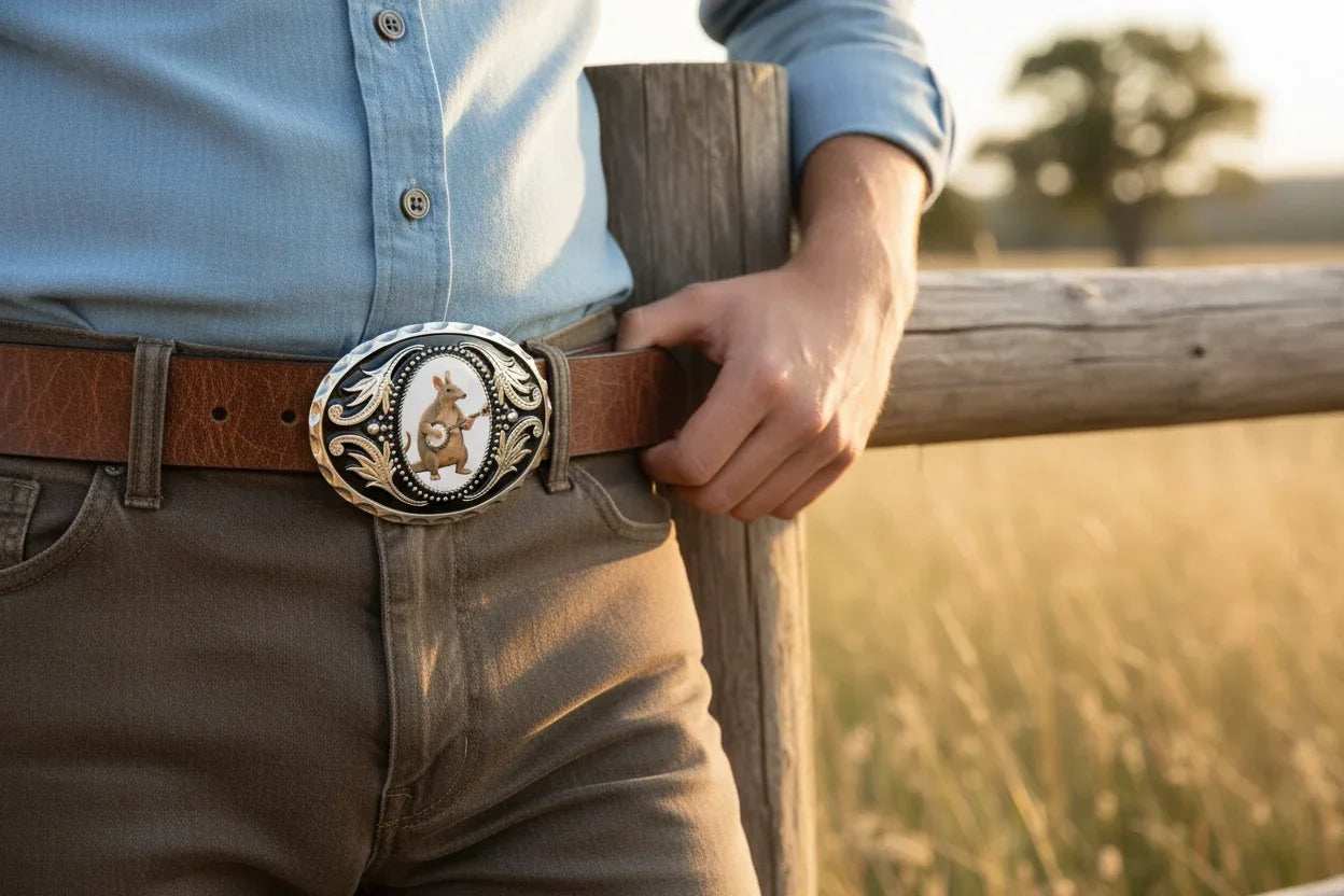 Cowboy wearing a belt with an anteater belt buckle playing a banjo. Image showing true product with the help of Gemini AI to display on a belt.