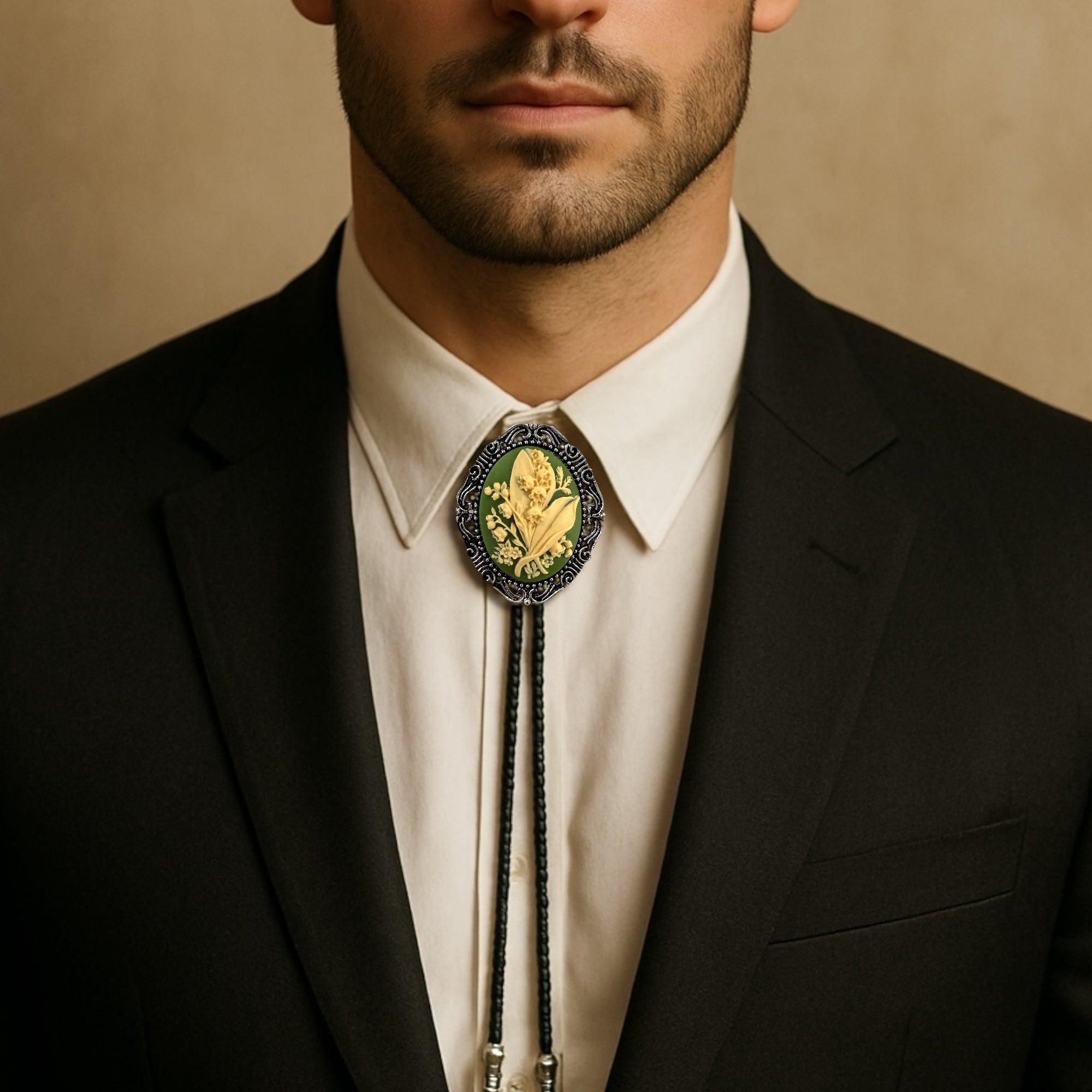 Silver Lily of the Valley Bolo Tie Being worn by a man