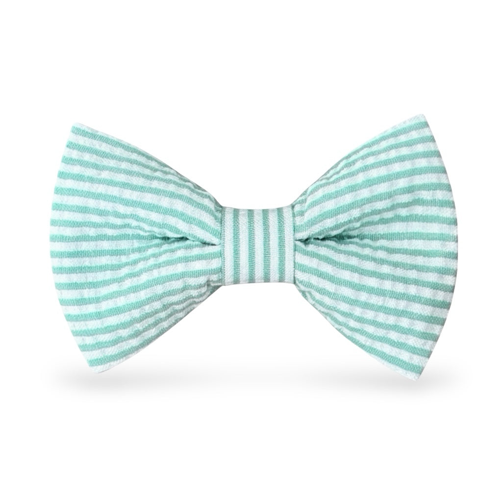 Aqua and white striped seersucker pre-tied bow tie for summer weddings.