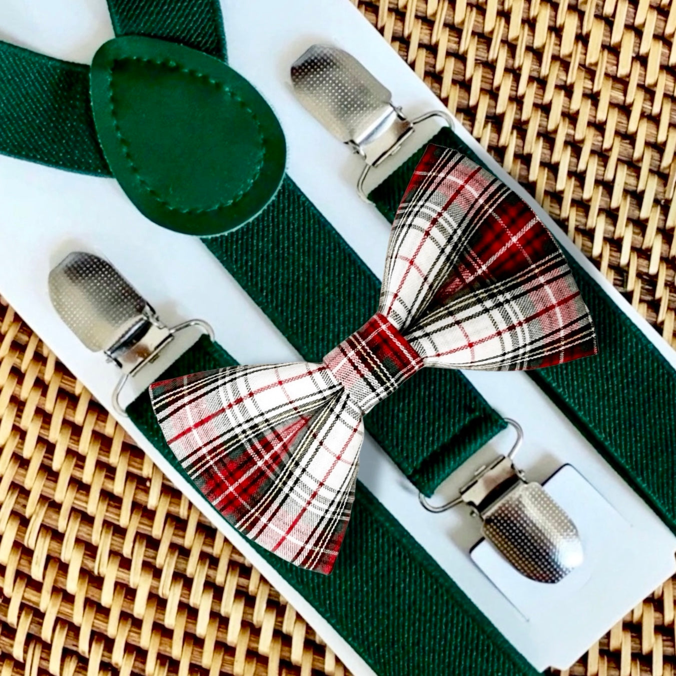 Tartan Christmas Bow Tie & Emerald Green Suspenders Set