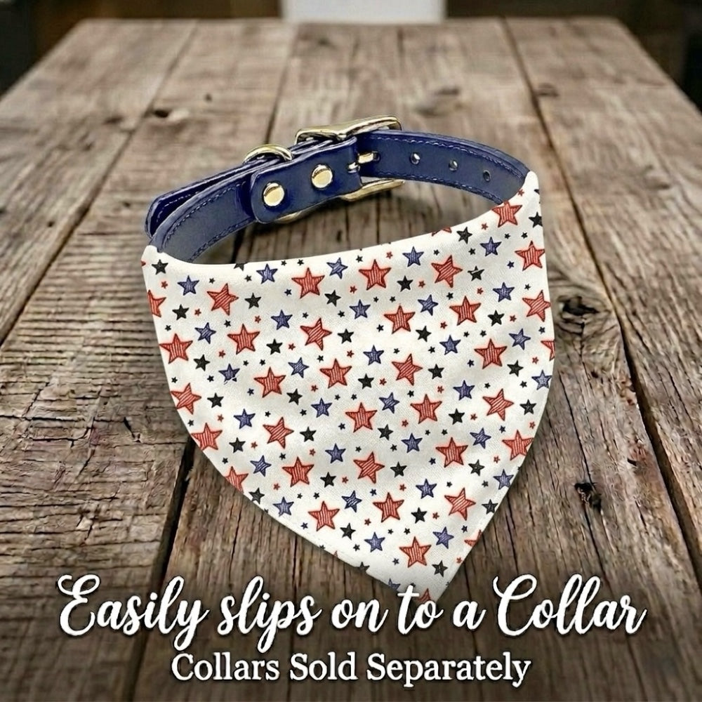 Fourth of July Dog Bandana with red white and blue stars on a blue collar, collar sold separately.