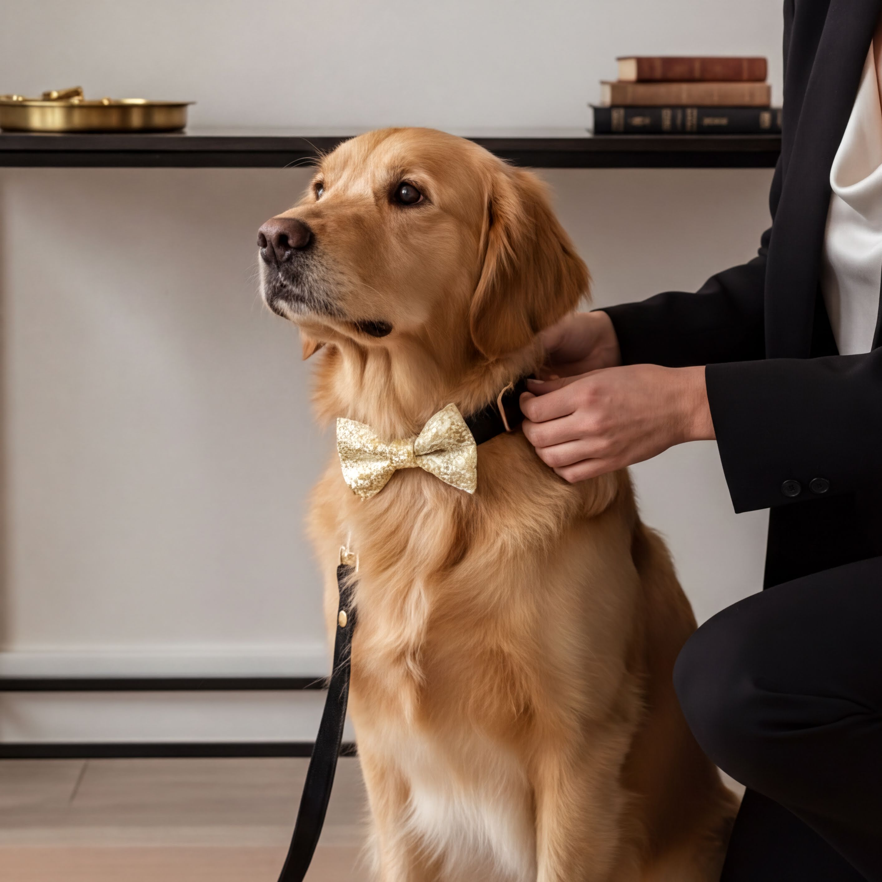 A golden retriever wearing a gold bow tie is being dressed by a person in a black suit.