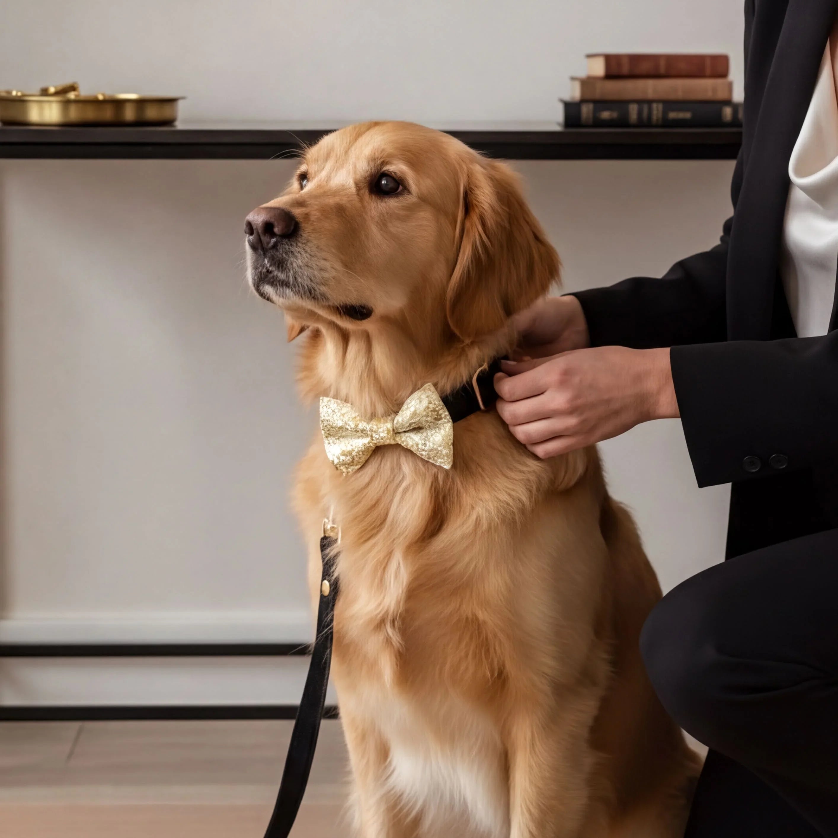 A golden retriever wearing a gold bow tie is being dressed by a person in a black suit.