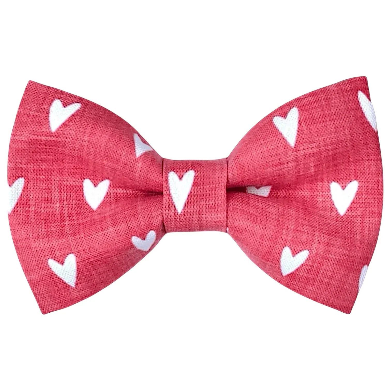 Red Valentine’s Day bow tie with white heart patterns on a white background