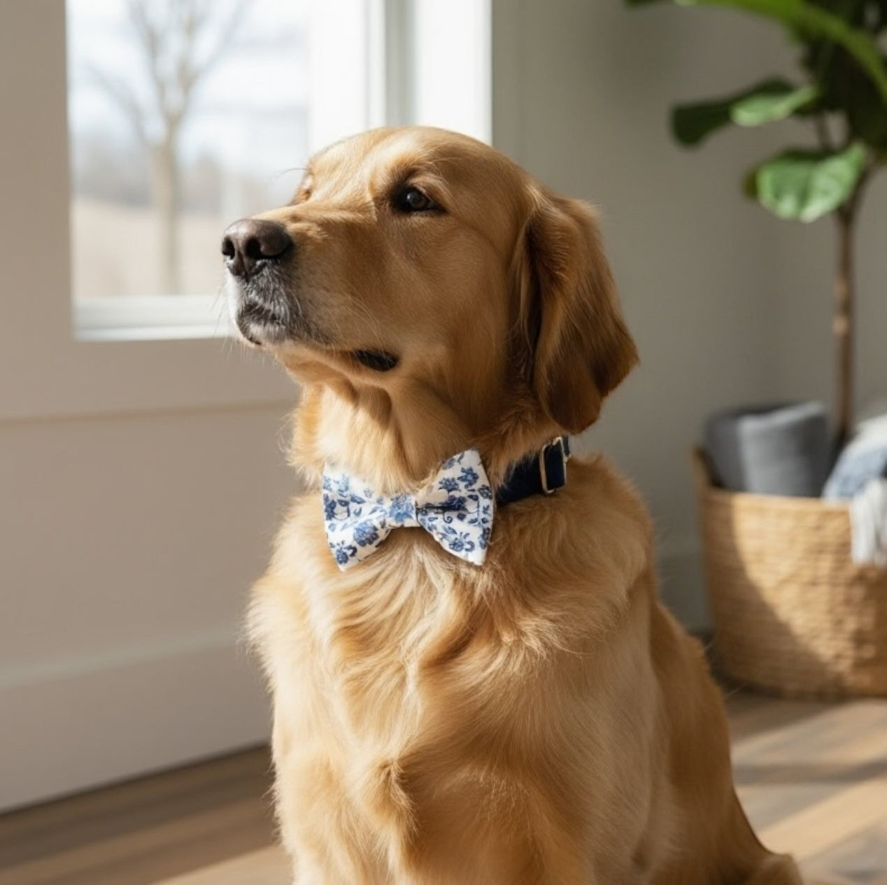 French Blue Floral Dog Bow Tie Collar