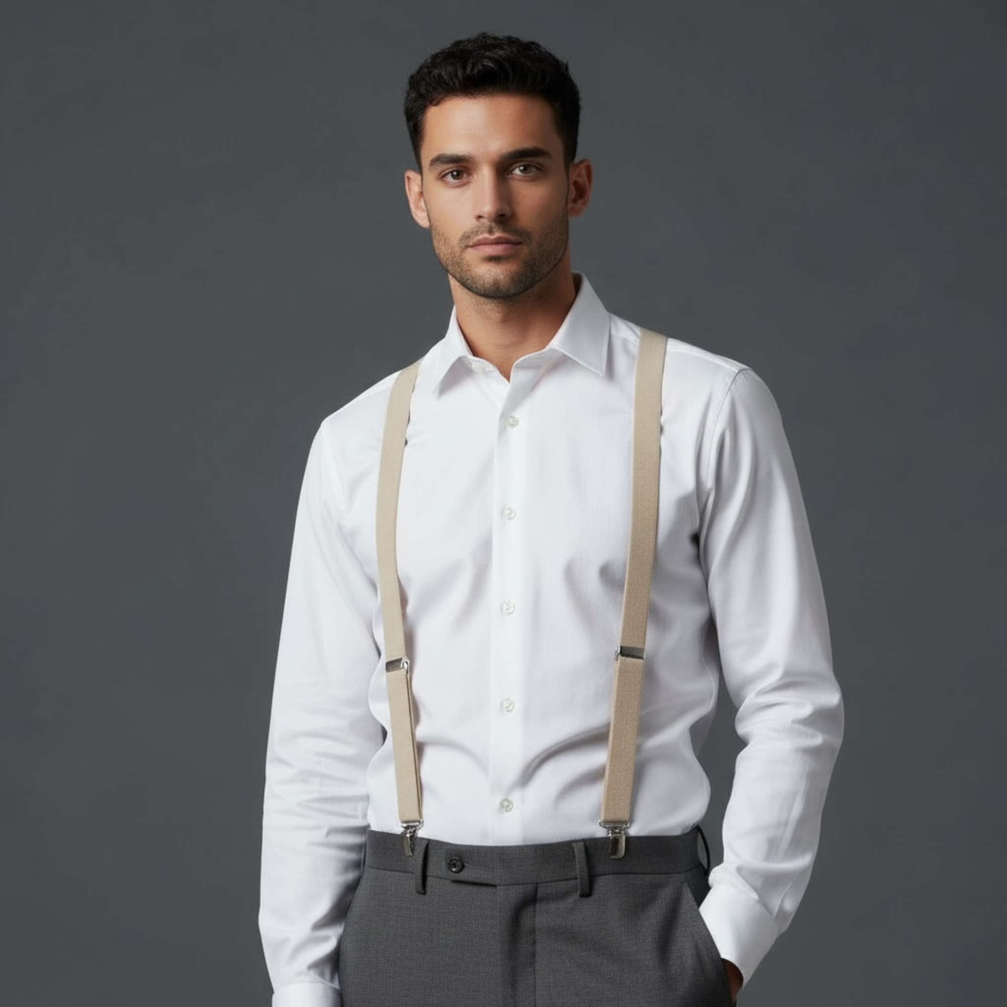 Groomsman wearing a white dress shirt with beige suspenders and dark pants at a wedding.