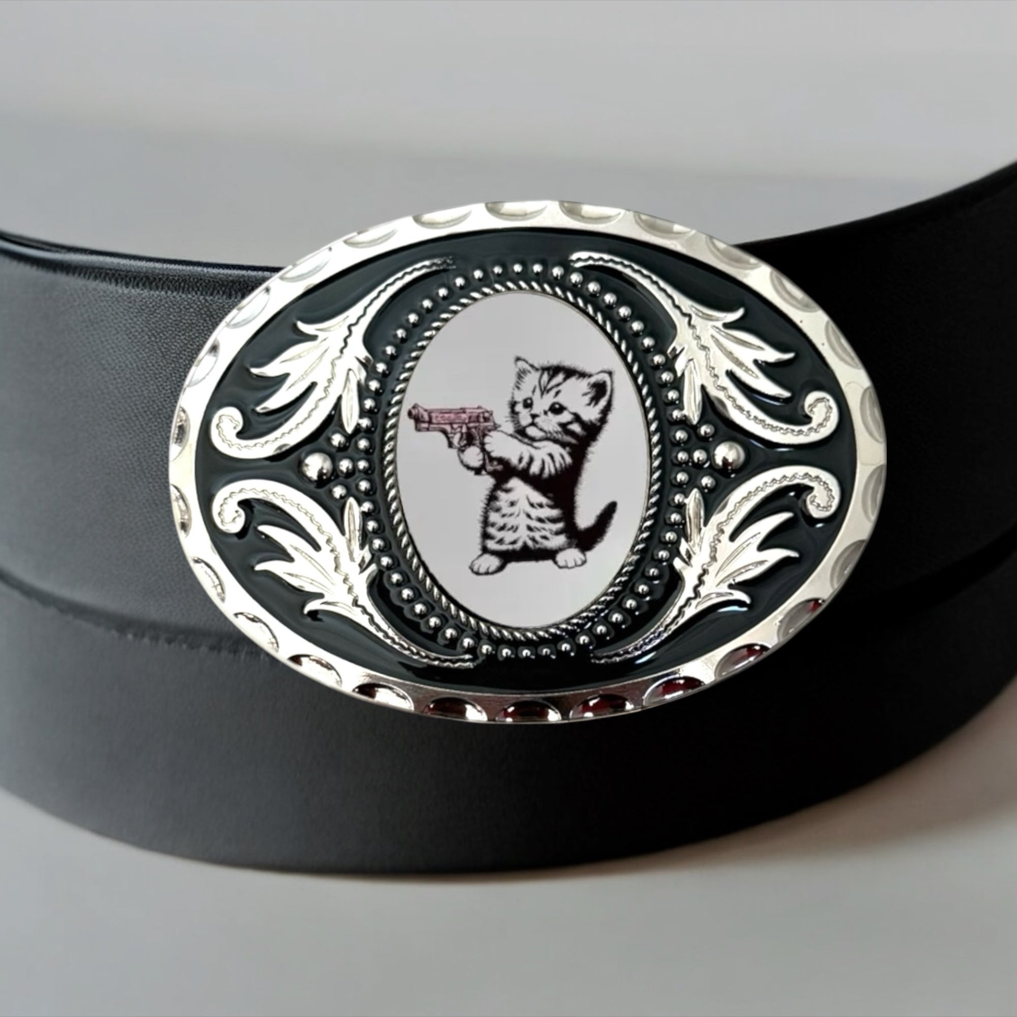Kitten Belt Buckle Western Accessory on a black leather belt