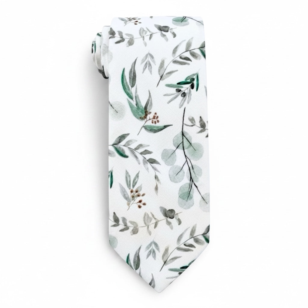Floral tie for men in Sage green and white for weddings, grooms and groomsmen.
