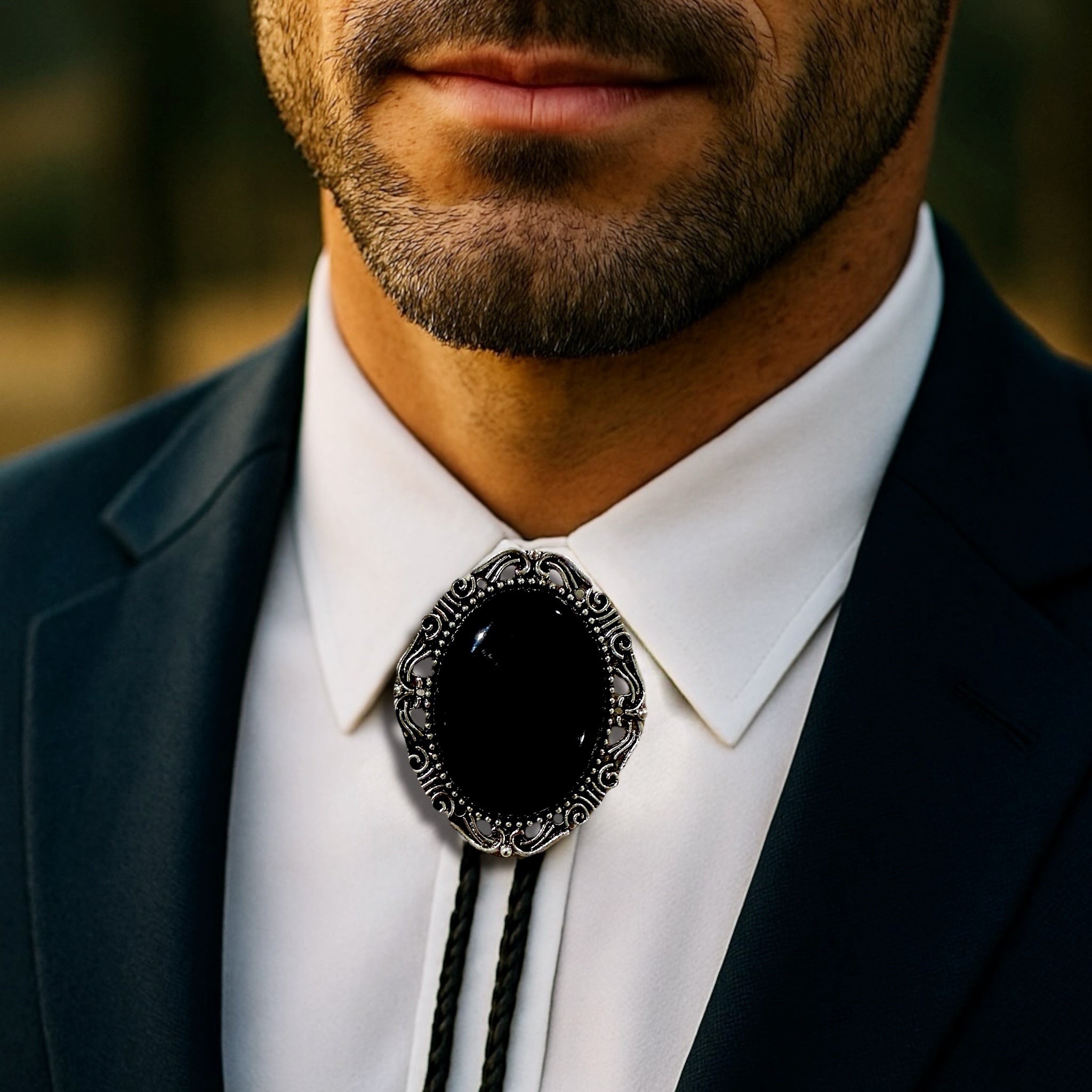 Black Bolo Tie- Onyx Western Wedding Accessory for Men and Women For a wedding