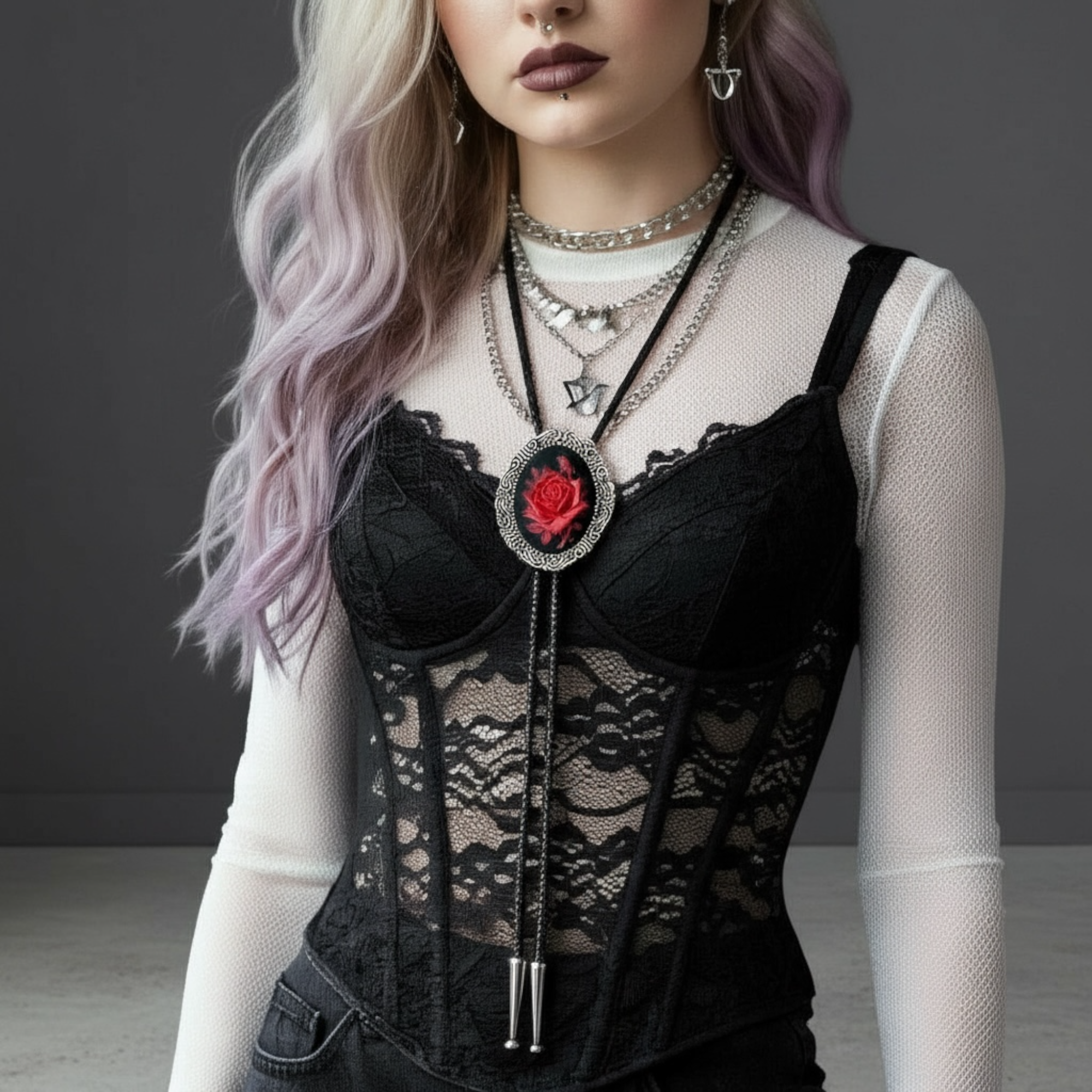 Gothic woman wearing a black lace corset with a red rose bolo tie against a gray background