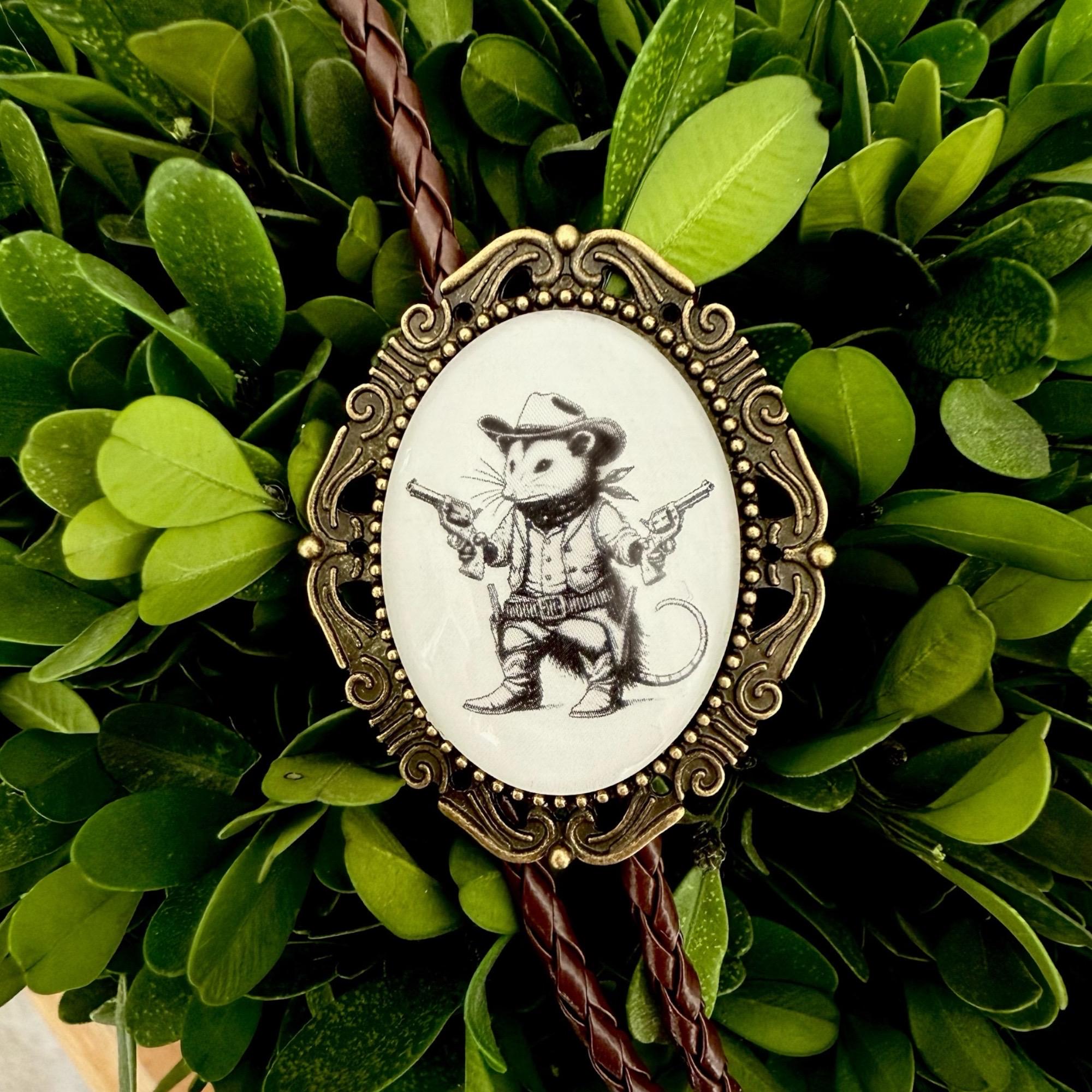 Wildlife opossum bolo tie for weddings groomsmen and country style outfits — handmade rustic accessory.