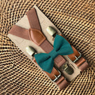 Teal Bow Tie & Cognac Buckle Suspenders Set for groomsmen, ring bearer outfit and wedding party.