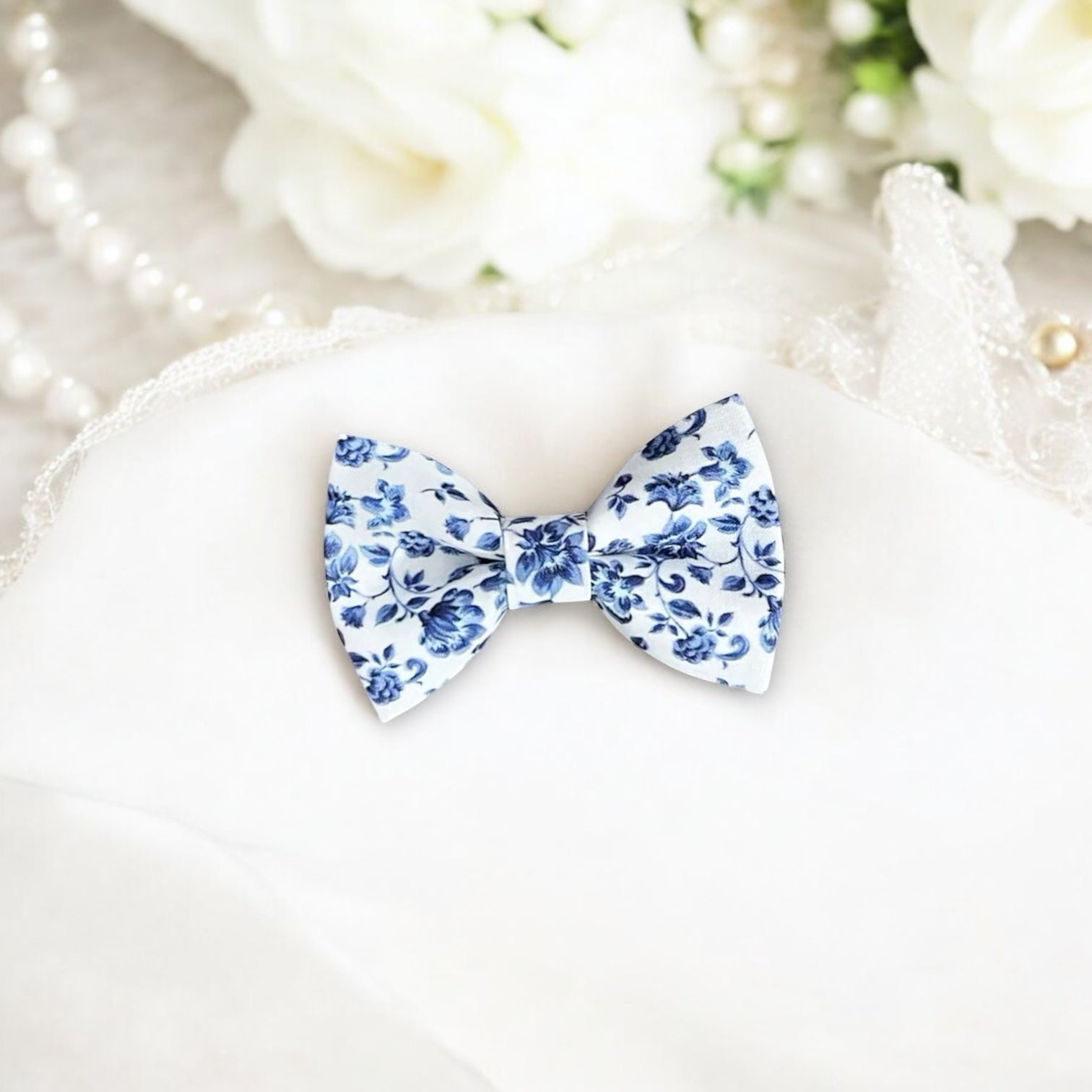 French Blue and White Floral Men’s Bow Tie