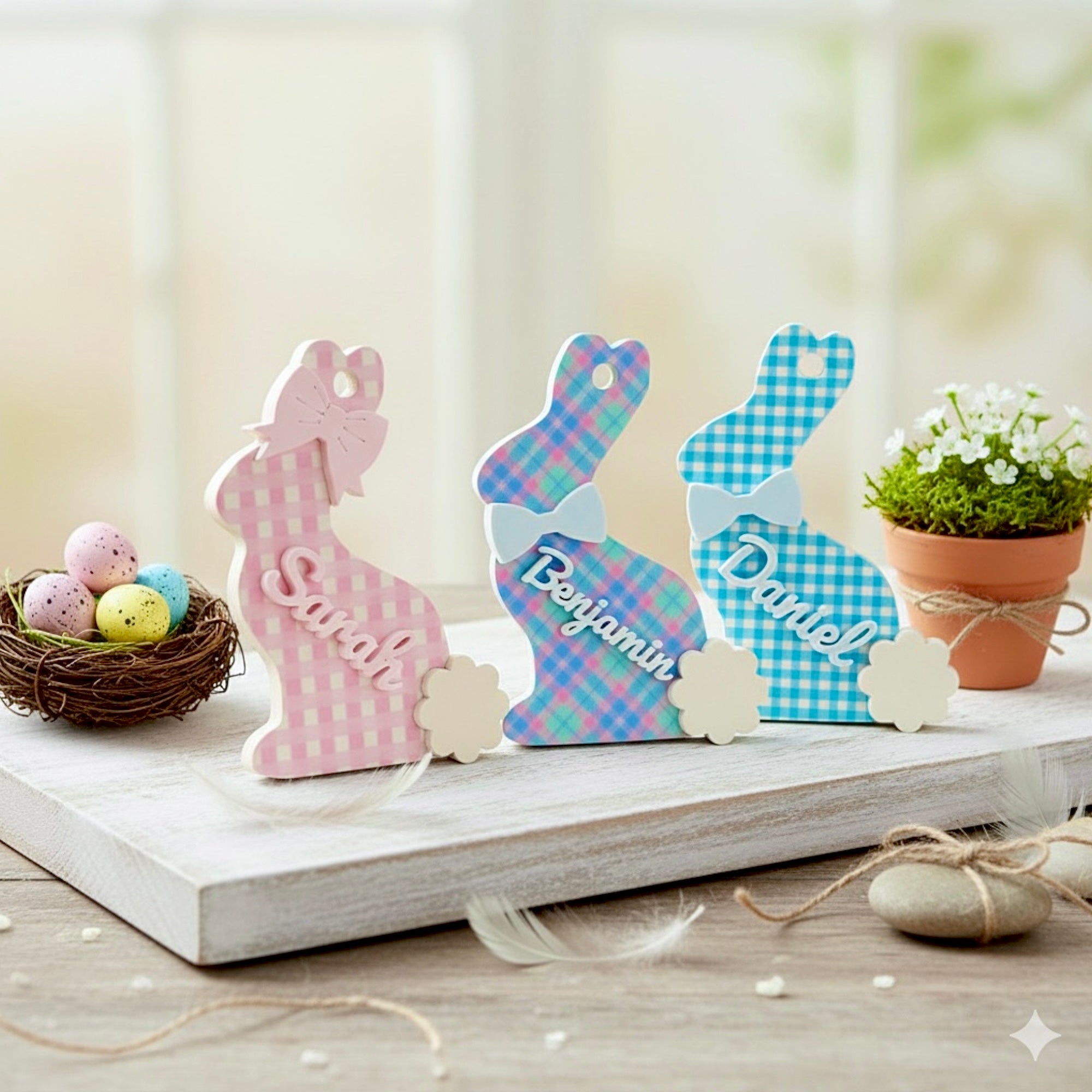 Colorful acrylic Easter basket for tags with bunny decorations with names on a wooden surface with a blurred background