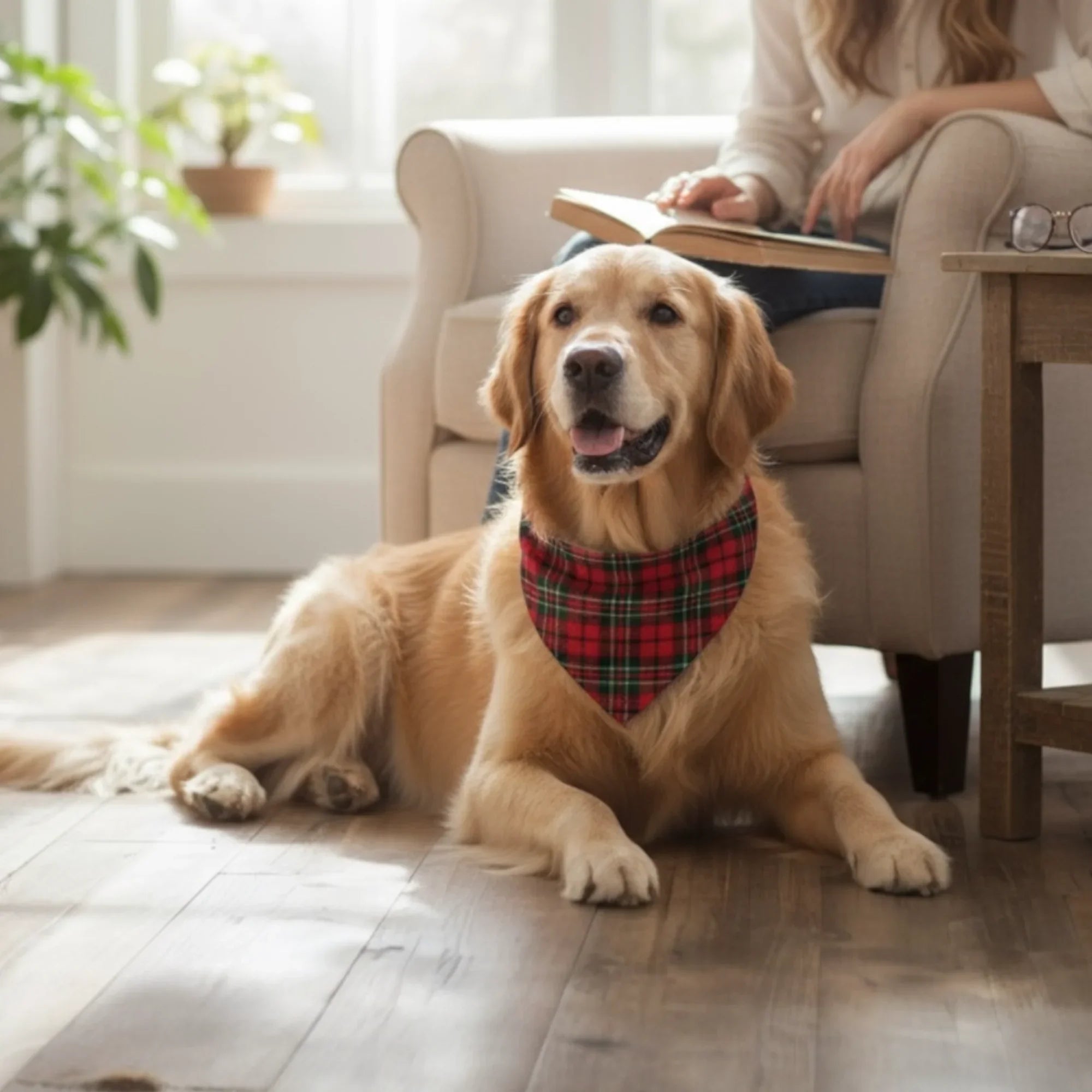 Golden retriever on a Christmas dog bandana in red plaid.