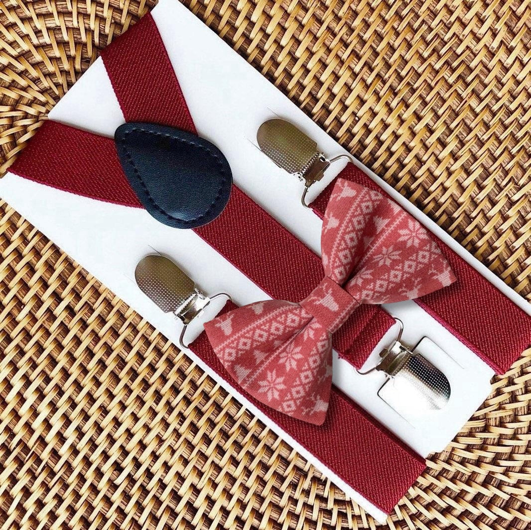 Reindeer Sweater Bow Tie & Burgundy Suspenders Set