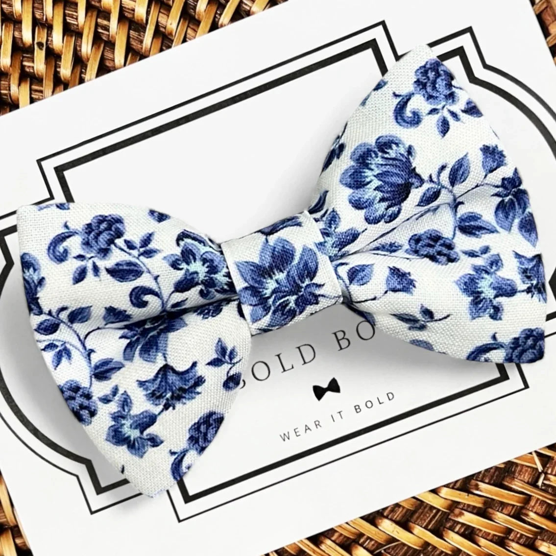 Floral dog bow tie in blue and white for wedding dog collar accessory.