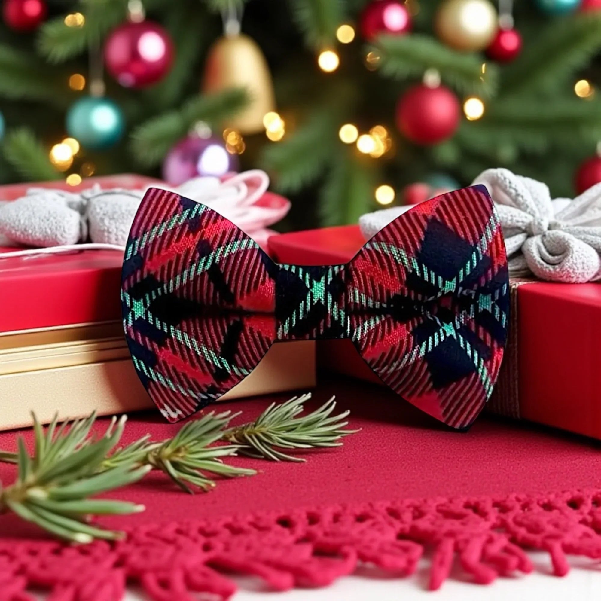 Christmas hair bow clip with tree in the back with ornaments in red, green and black.