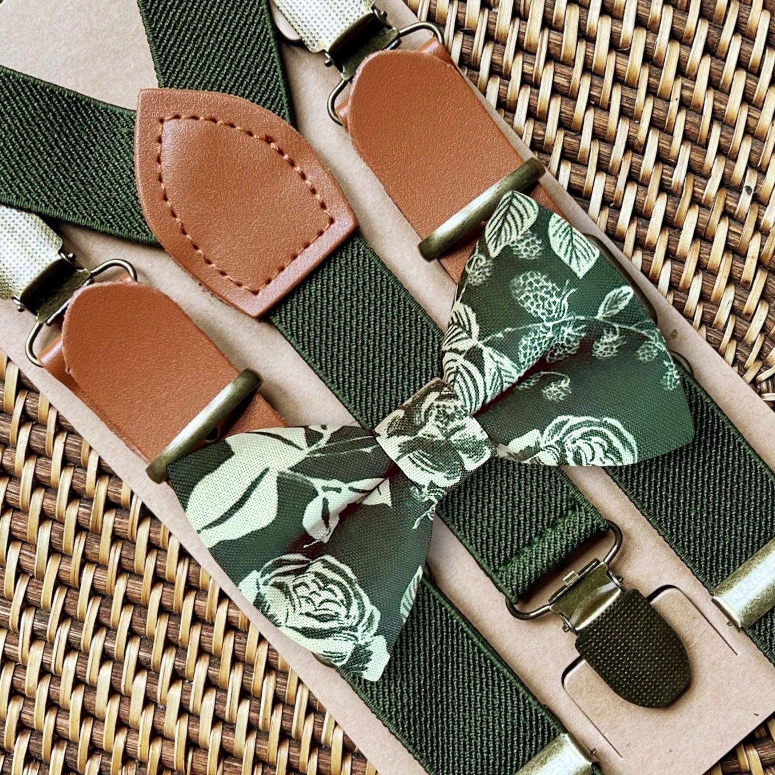 Olive green Floral Men’s Bow Tie & Olive Suspenders for wedding, ring bearers and groomsmen.