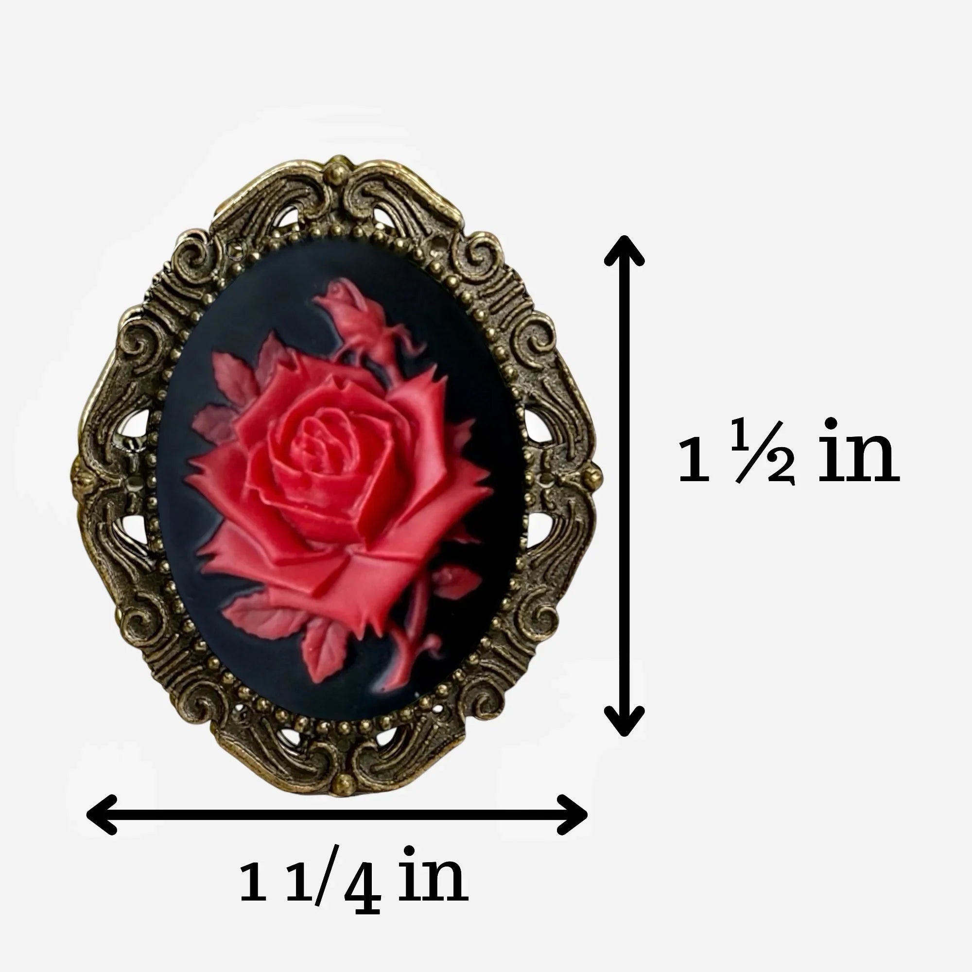 Decorative brooch with red rose design and gold frame, shown with measurements on a white background.