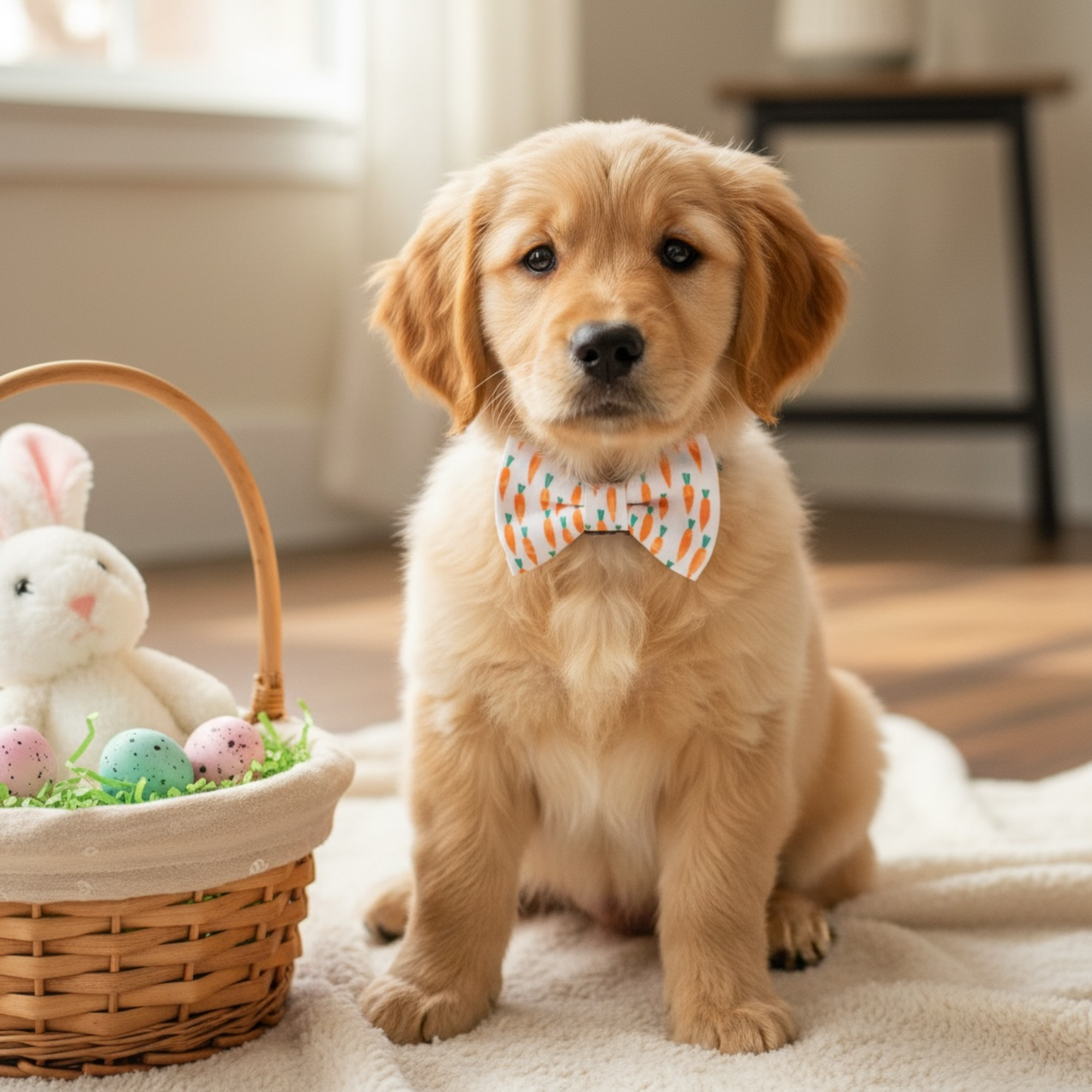 Puppy in an Easter dog bow tie next to an Easter basket.