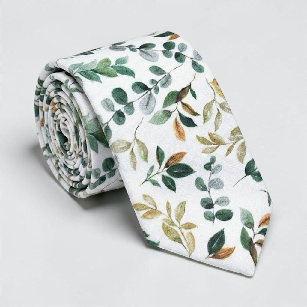 Floral men’s tie in Sage green and gold and white background by The Bold Bow Tie.