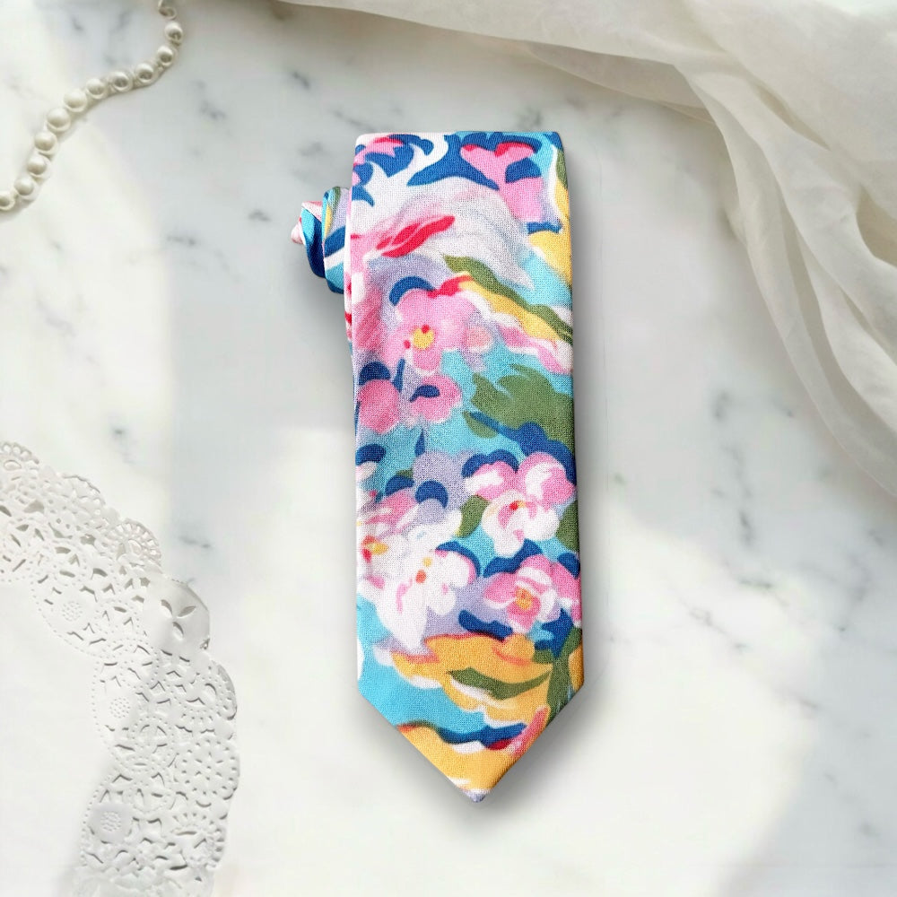 Blue pink and yellow men’s tie for wedding.