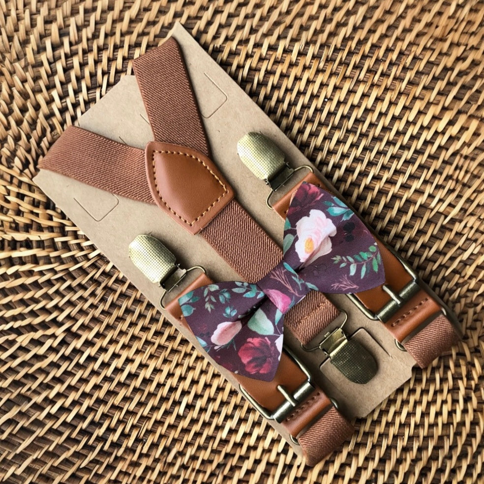 Burgundy Floral Bow Tie & Brown Suspenders Set for weddings groomsmen and ring bearers.