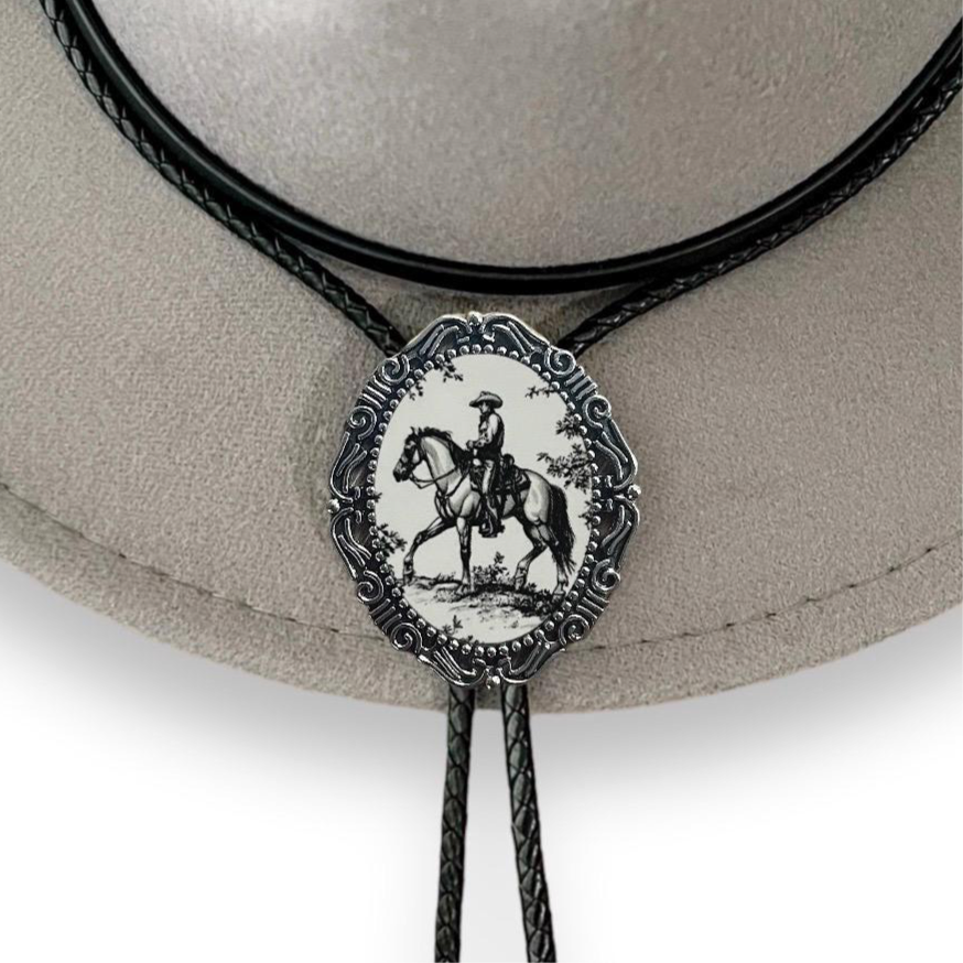 Bolo Tie Western Cowboy- Black & White and Silver