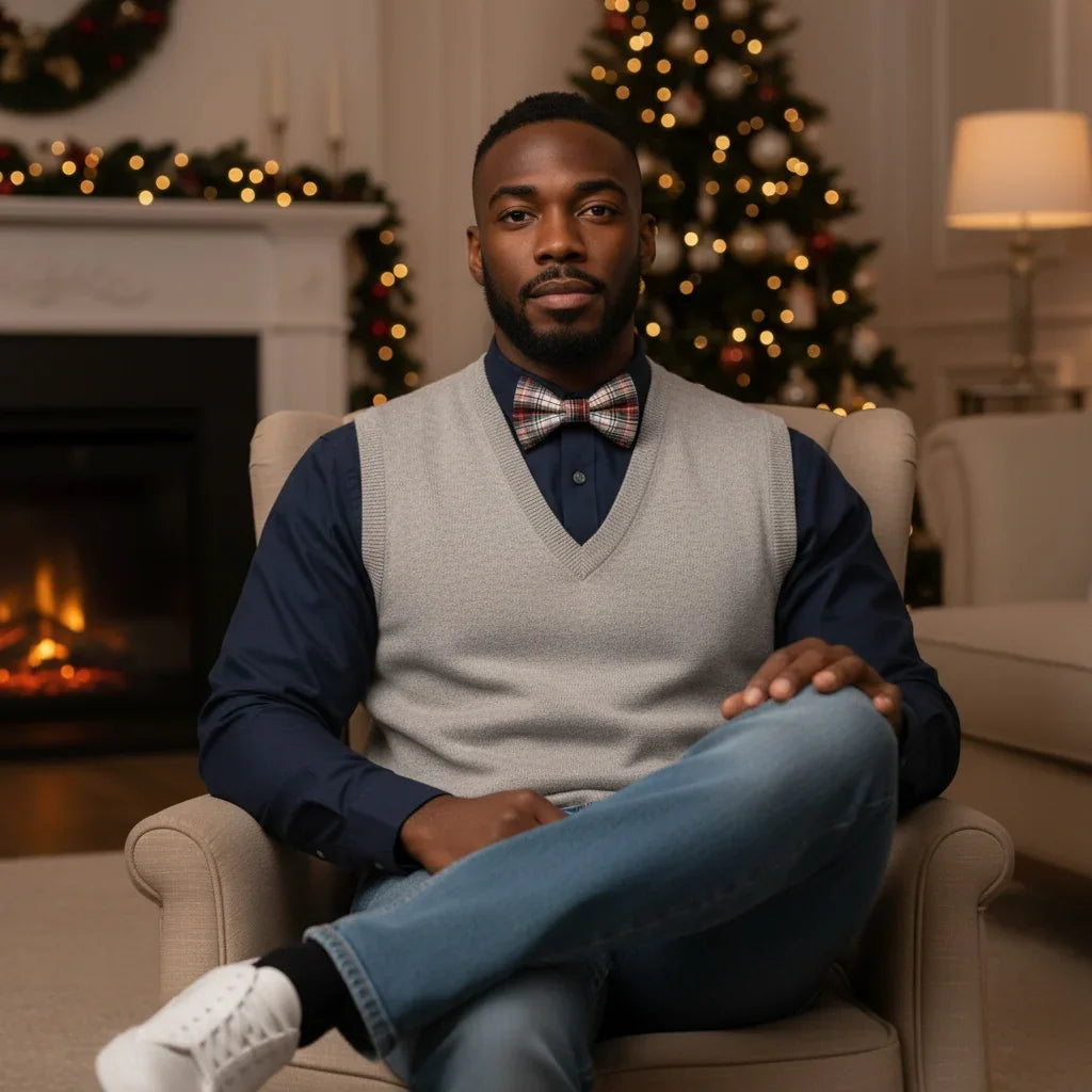 Plaid Christmas bow tie in red and white worn by a man by a Christmas tree.