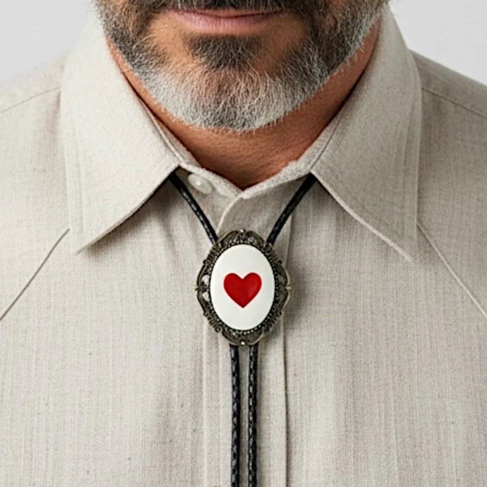 Heart bolo tie on a man with and beard.