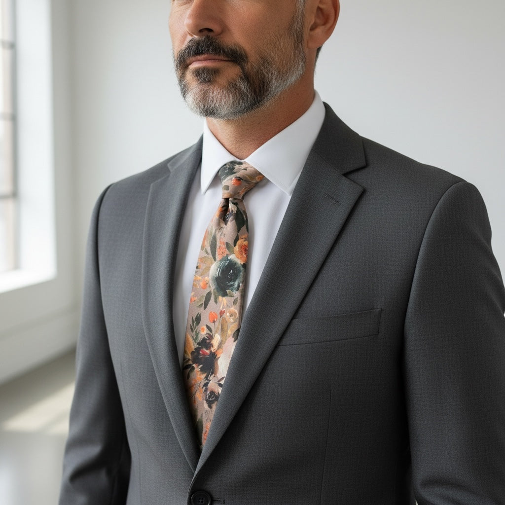 Man in a floral men’s tie- floral tie for men, groomsmen and weddings.