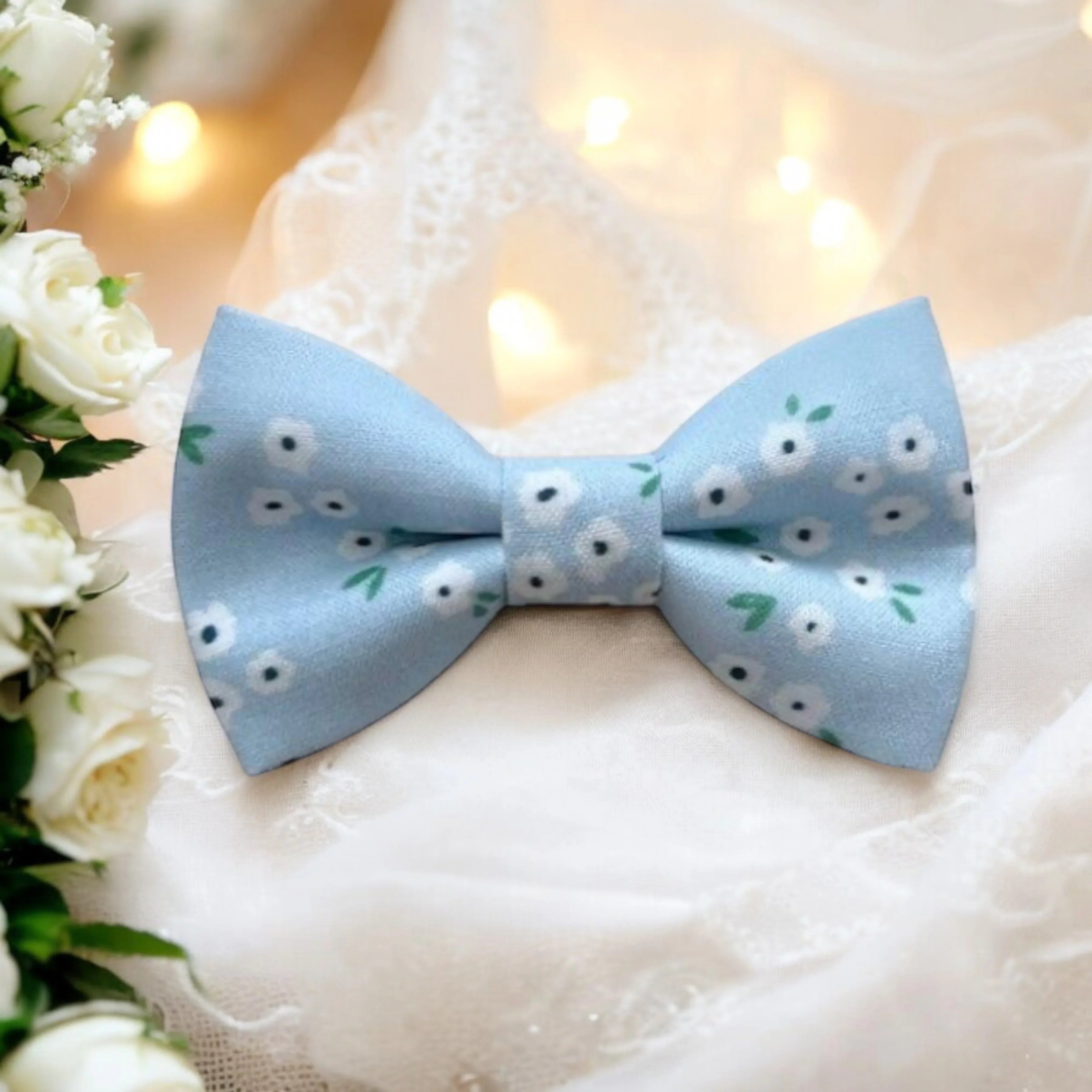 Dusty blue floral bow tie for men, toddlers and kids handmade in the USA and pre-tied, for wedding, groomsmen and ring bearer.