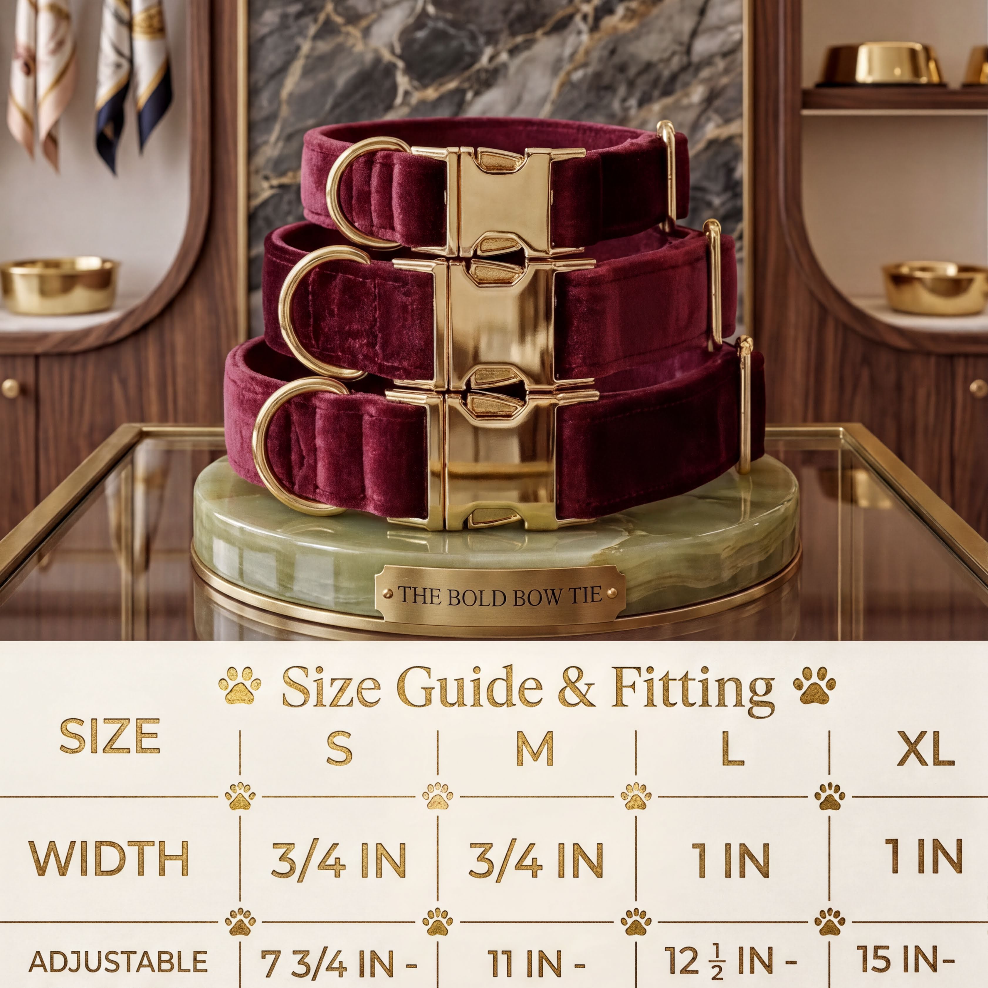 Velvet dog collars with gold buckle hardware arranged above a sizing chart. The chart details four sizes: Small has a width of 3/4 inch and an adjustable length of 7 3/4 to 11 3/4 inches. Medium has a width of 3/4 inch and an adjustable length of 11 to 18 3/4 inches. Large has a width of 1 inch and an adjustable length of 12 1/2 to 21 1/2 inches. Extra Large has a width of 1 inch and an adjustable length of 15 to 23 1/2 inches